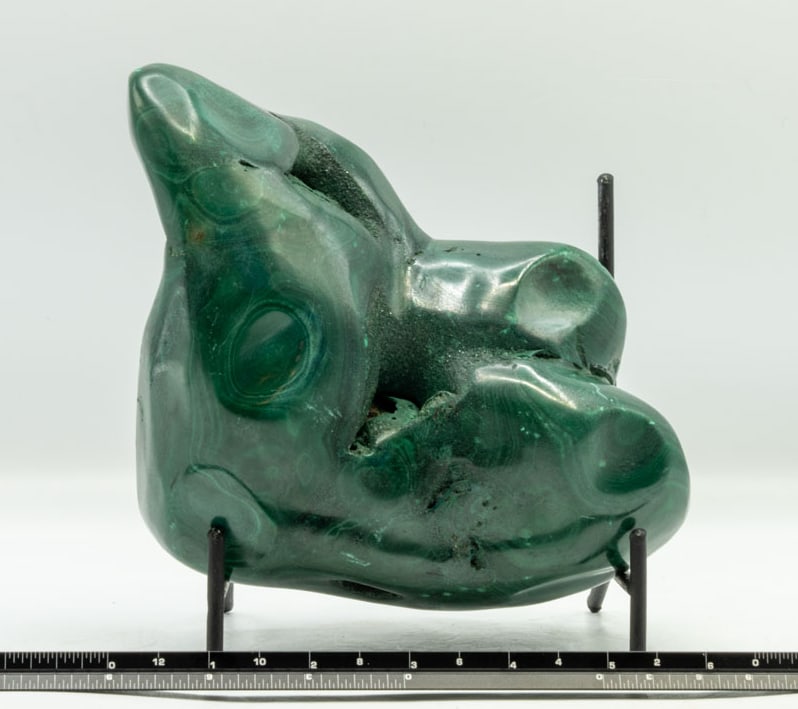 Polished Malachite Specimen: Polished malachite specimen from the DR Congo. 4.5" x 4.25" x 2.75". 2 pounds, 8 ounces.