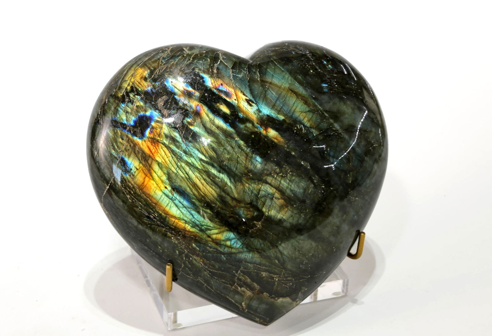 Polished Labradorite Heart: Polished labradorite heart from Madagascar. 6" x 6.5" x 2.5". 4 pounds, 13 ounces.