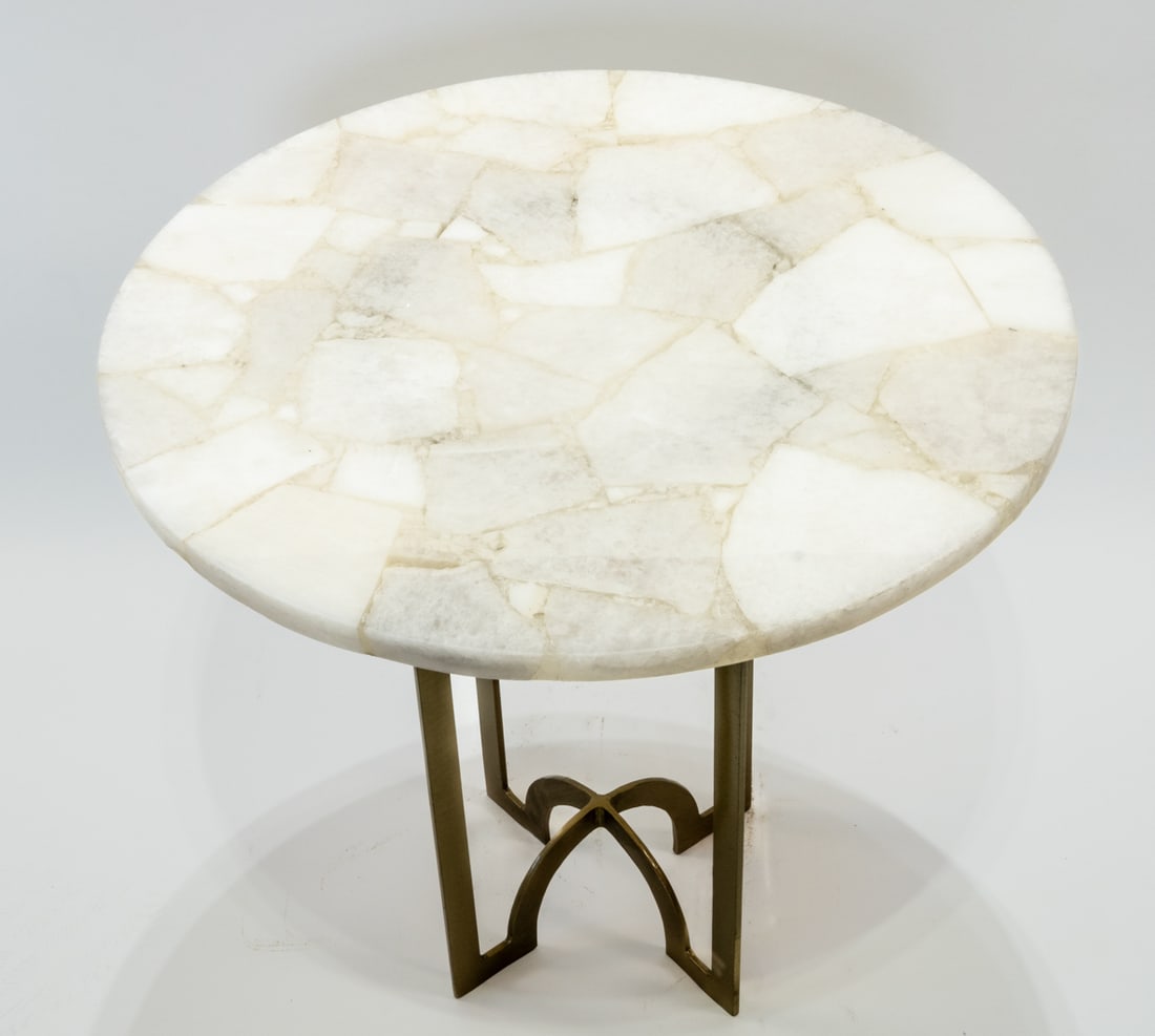 Inlaid Quartz Accent Table: Inlaid quartz side table. Base is iron with a rich brass finish. 16.5" x 18" x 18". 17 pounds, 8 ounces.