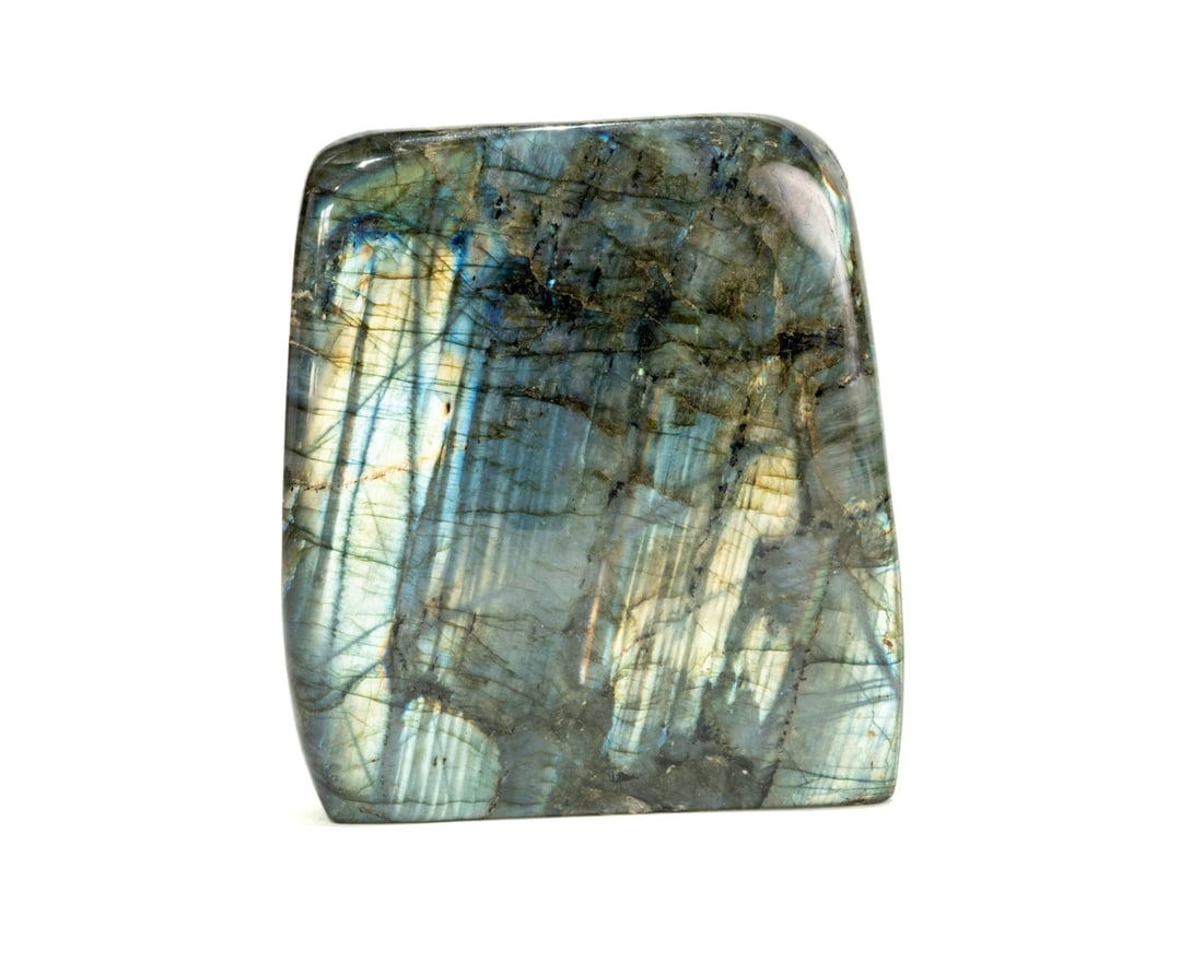Large Flashy Polished Labradorite Freeform: Flashy, large, polished, labradorite freeform from Madagascar. 7.5" x 7" x 2.5". 10 pounds, 13 ounces.