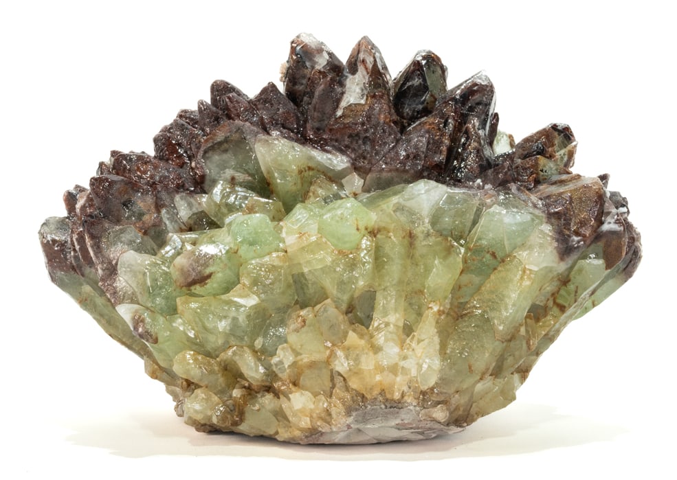 Green, Red and Brown Calcite Formation: Premium green, red and brown calcite formation from Durango, Mexico. 8" x 11" x 6.5". 16 pounds, 2 ounces.