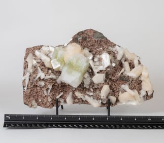 Green Apophyllite and Stilbite on Red Chalcedony