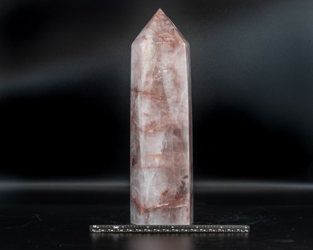 Quartz and Hematite Obelisk: Large quartz and hematite obelisk tower. 9.5" x 3" x 2.75". 5 pounds, 1 ounce.
