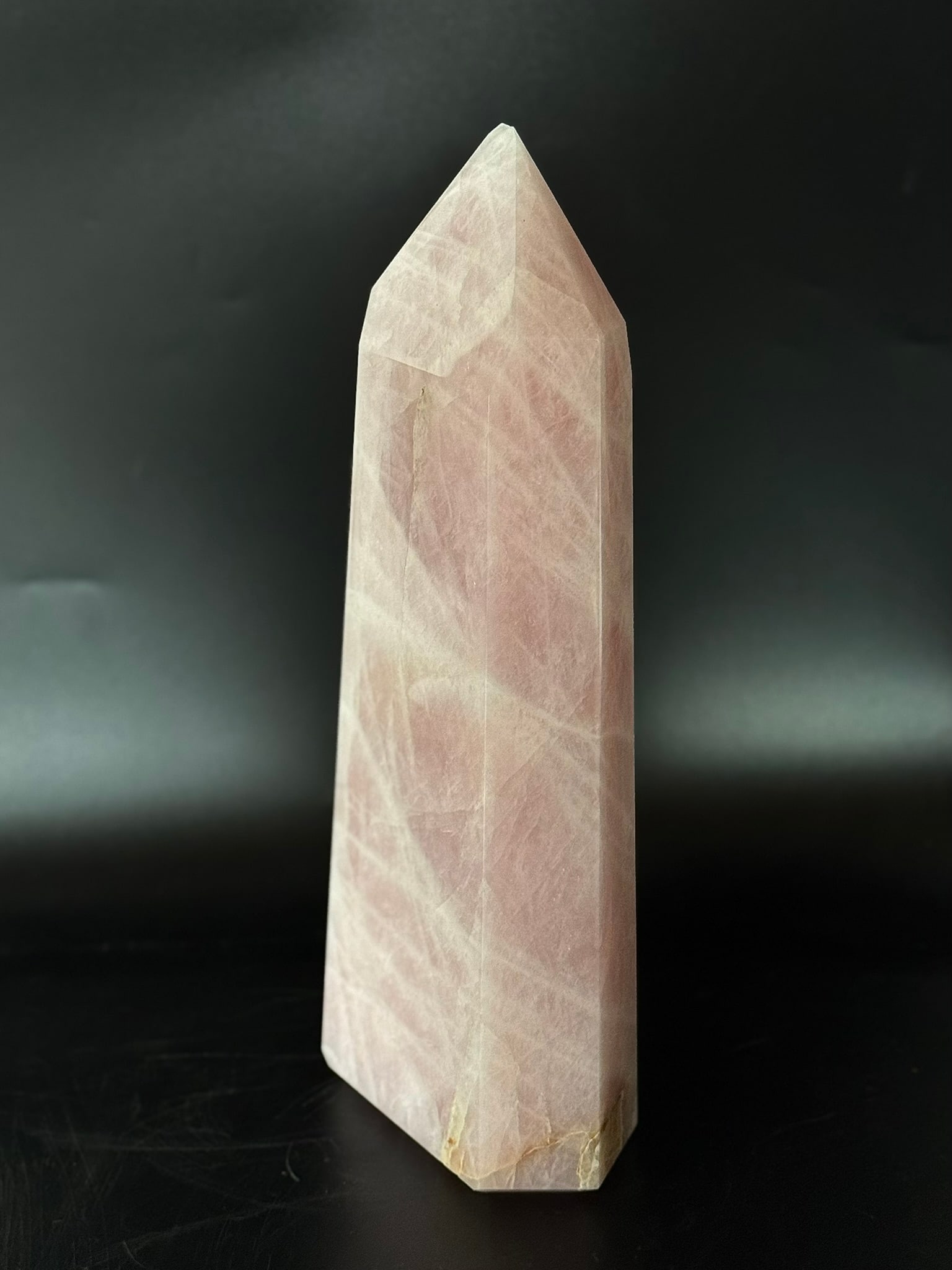 Huge Rose Quartz Obelisk: Huge rose quartz crystal obelisk. 13.5” x 6” x 3”. 11 pounds, 11 ounces.