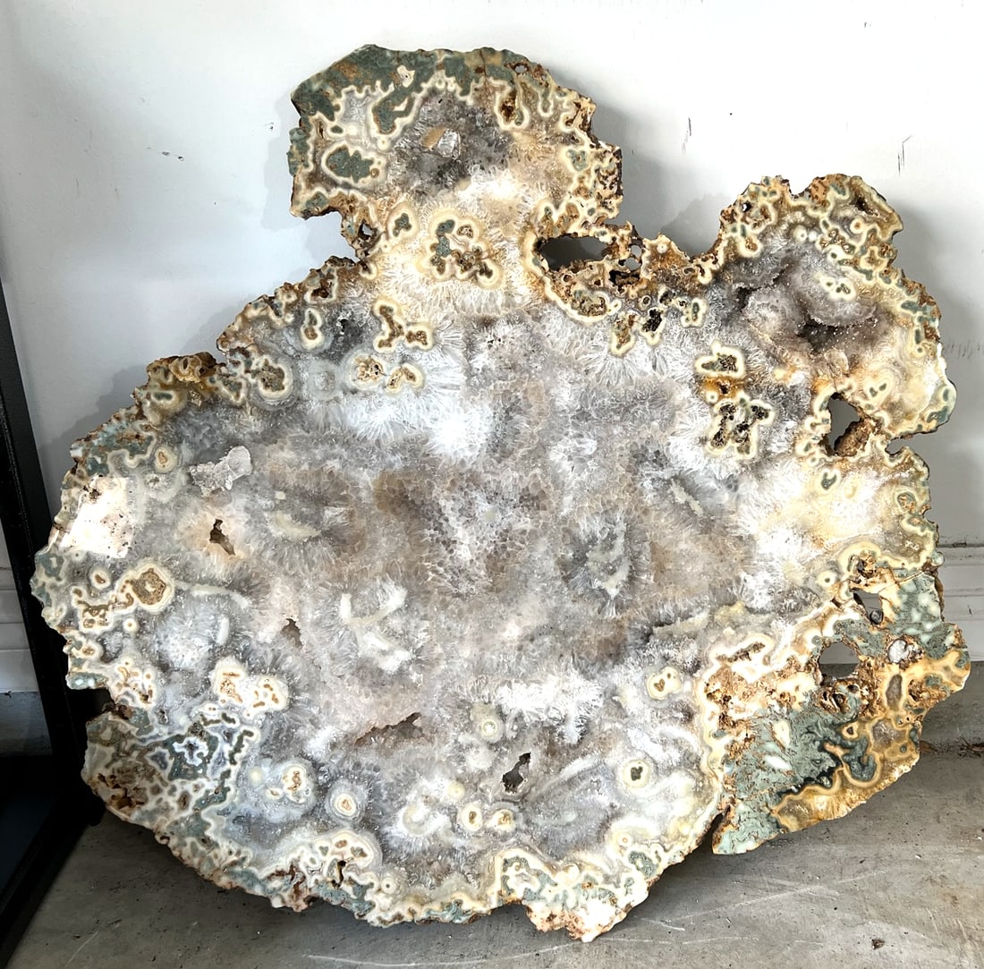 Magnificent Agate and Quartz Coffee Table Top: Stunning, colorful and intricate polished Brazilian agate and quartz slab. Can be used as a coffee or console table top or as a display piece. 2” x 27” x 26”. 80 pounds.