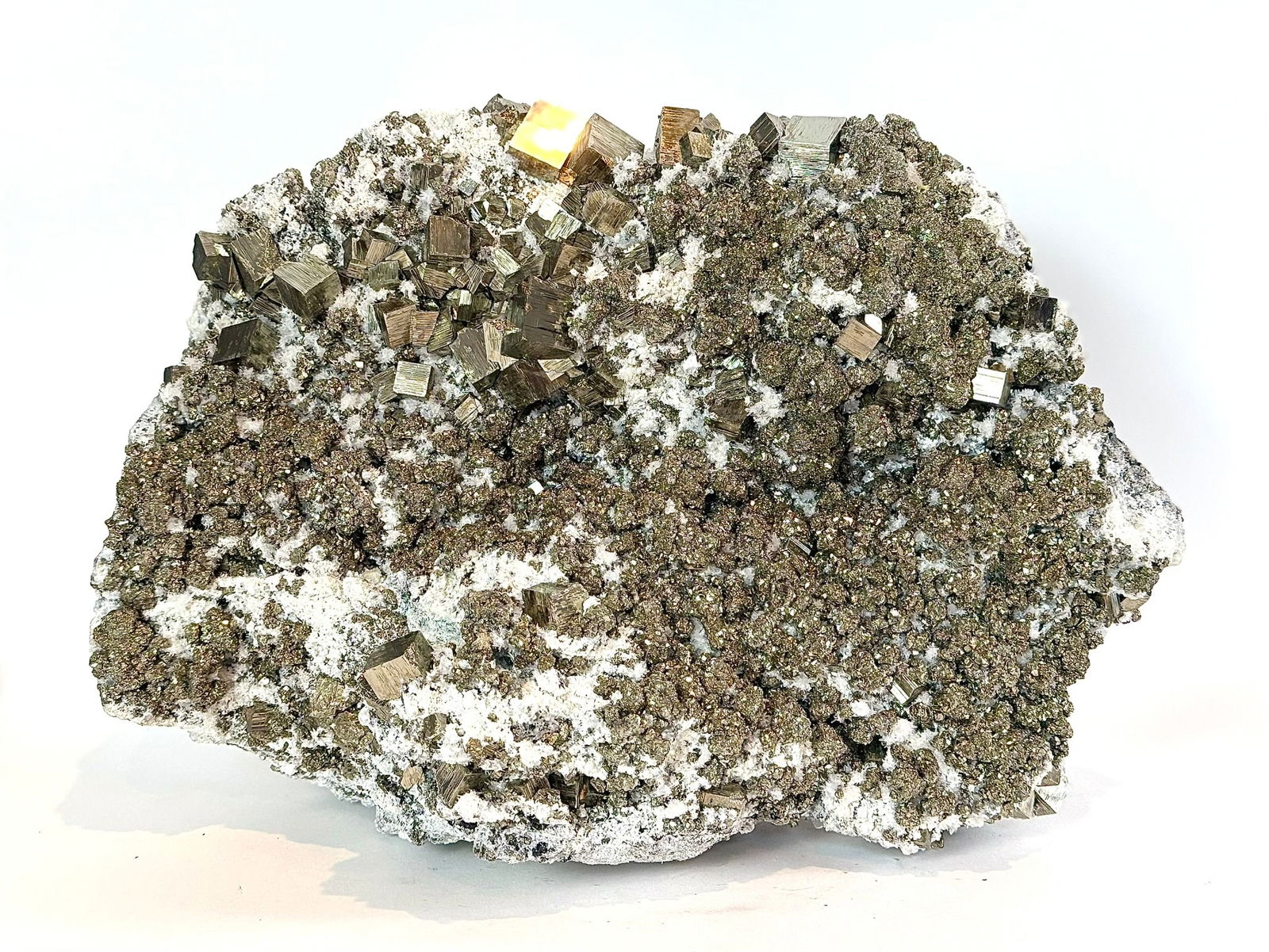 Huge Cubic Pyrite, Chalcopyrite and Sphalerite Specimen: Huge cubic pyrite, chalcopyrite and sphalerite formation from the Huanzala Mine in Ancash, Peru. 10" x 14" x 8". 36 pounds.