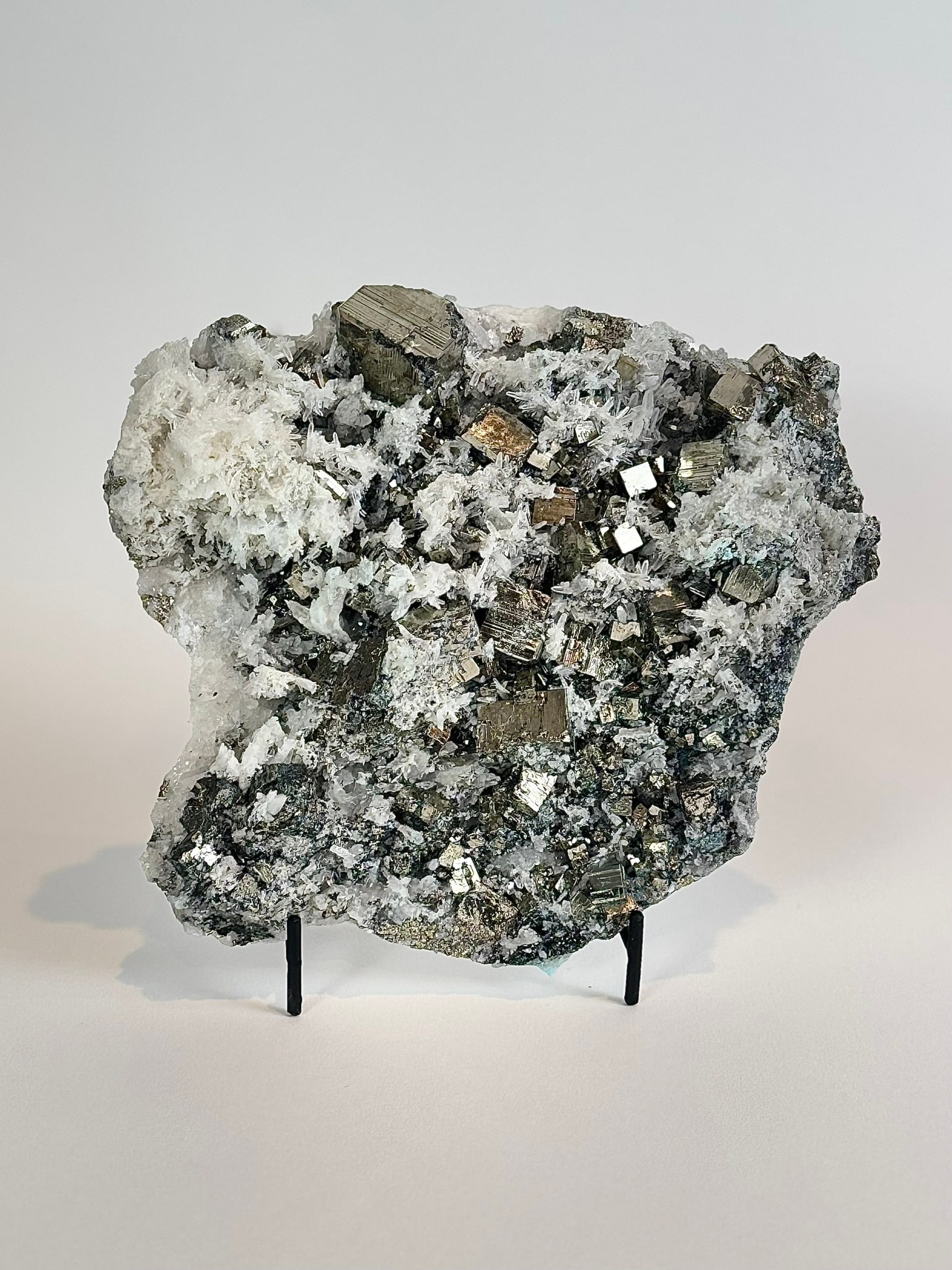 Cubic Pyrite and Quartz Plate: Cubic pyrite and quartz in rarely found plate form from Peru. 6” x 7” x 2”. 3 pounds, 7 ounce.