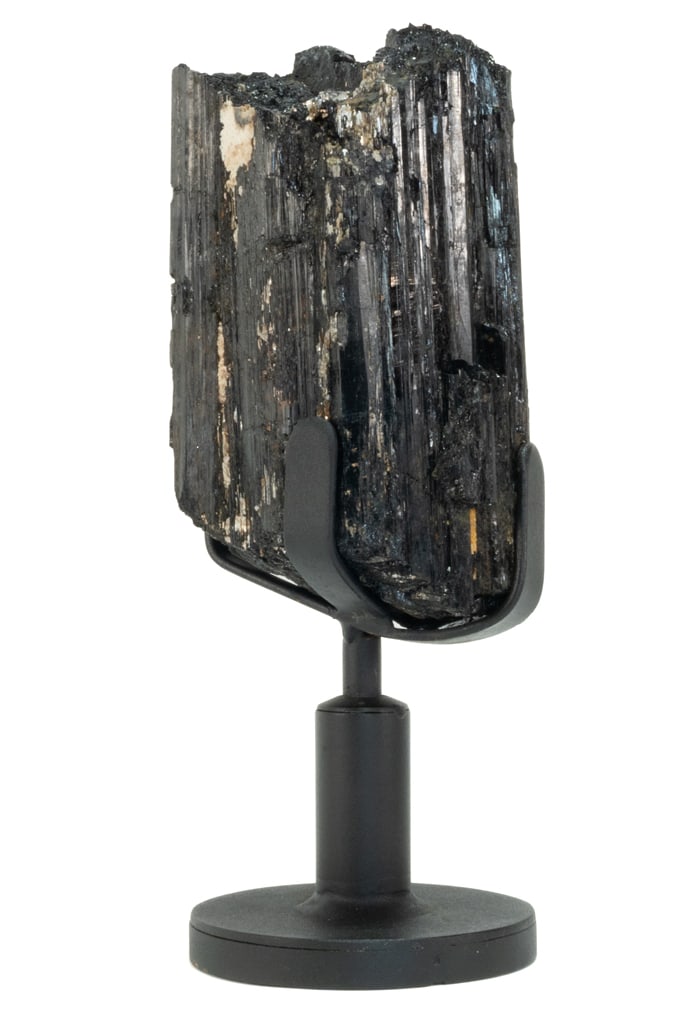 Black Tourmaline Specimen on Rotating Stand: Black tourmaline specimen on rotating metal stand. 15" x 6" x 5.5". 18 pounds, 9 ounces.
