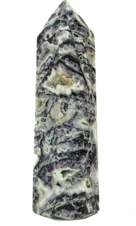 Fluorite and Druzy Obelisk Tower With Caverns: Beautiful, large purple, gray, orange and white fluorite and druzy obelisk with crystallized caverns. 11.25" x 2.75" x 3". 6 pounds, 14 ounces.