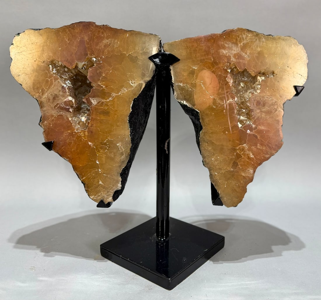 Titanium Aura Amethyst Geode Butterfly Wings: Titanium aura amethyst butterfly wings from Brazil. 16” x 19” x 7". 42 pounds, 3 ounces.