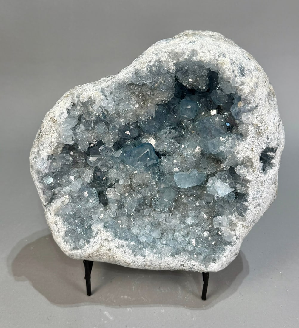 Exceptional Celestite Geode: Large, dark blue celestite geode with large crystals from Madagascar. 9” x 9” x 4”. 21 pounds, 10 ounces.