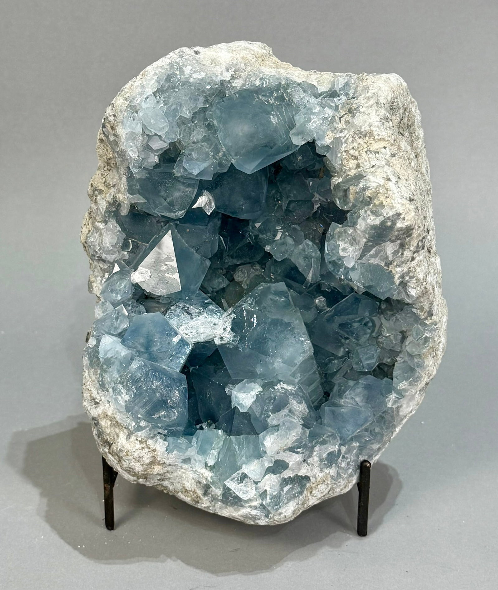 Exceptional Celestite Geode: Large, dark blue celestite geode with large crystals from Madagascar. 7.5” x 6.5” x 4.25”. 12 pounds, 13 ounces.