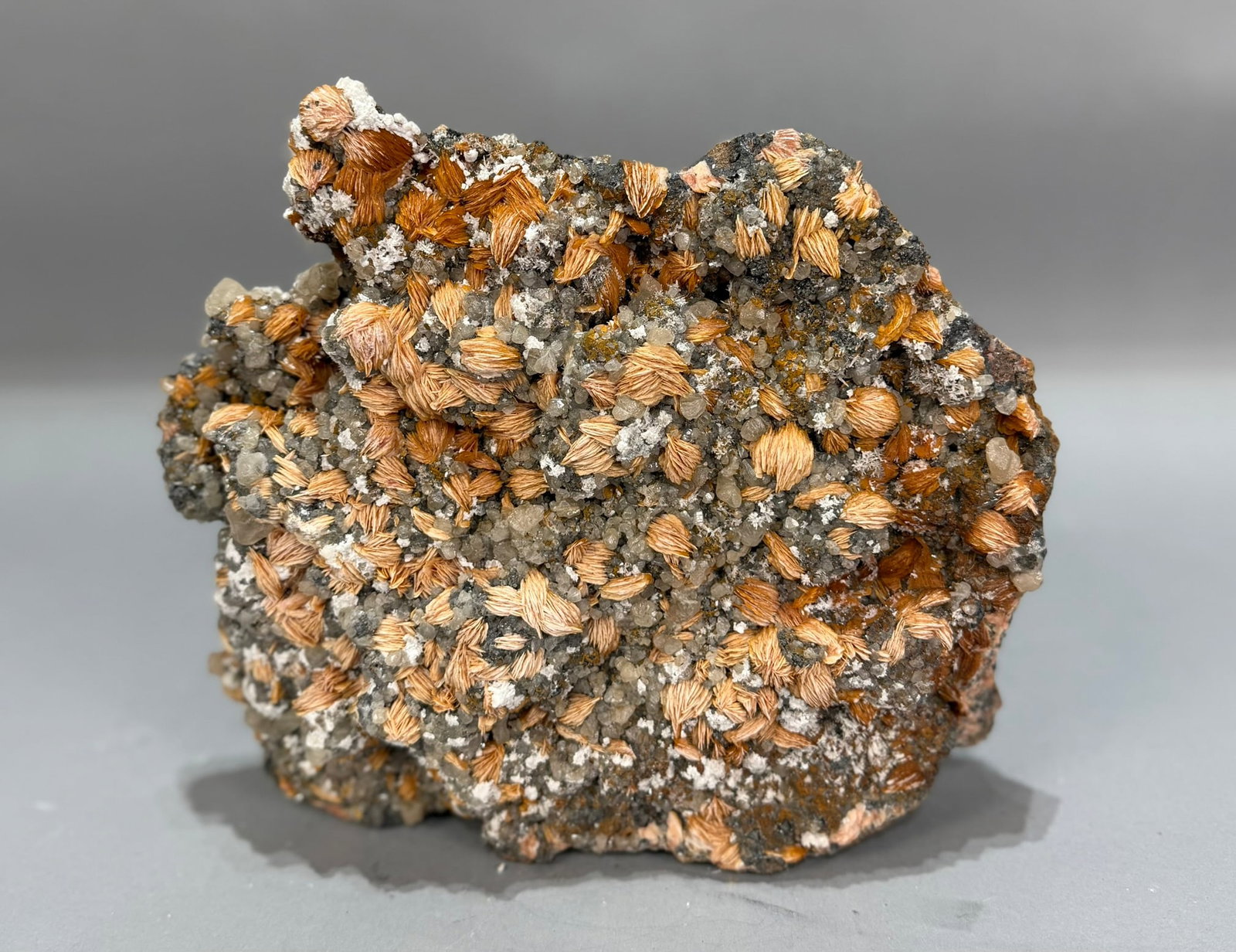 Rare Fluorescent Barite, Cerussite and Galena Formation: Rare, large, highly fluorescent barite, cerussite and galena formation from Mibladden, Morocco. 9.75" x 10.5" x 3.5". 17 lbs, 6 oz.