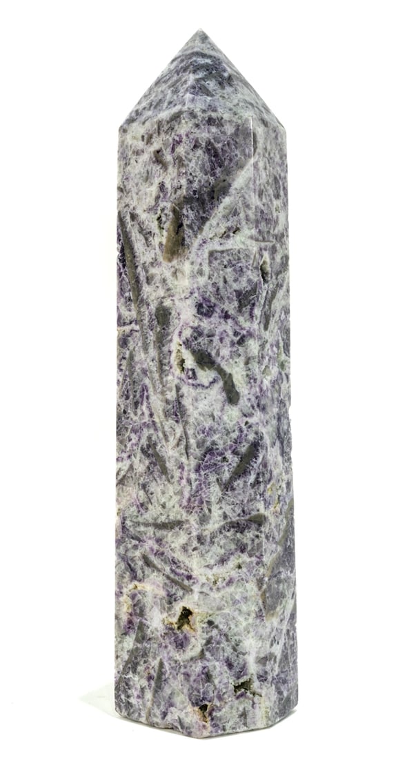 Fluorite and Druzy Obelisk With Caverns: Purple, orange, gray and white fluorite and druzy obelisk with crystallized caverns. 12” x 3” x 2.75". 6 lbs, 8 oz.
