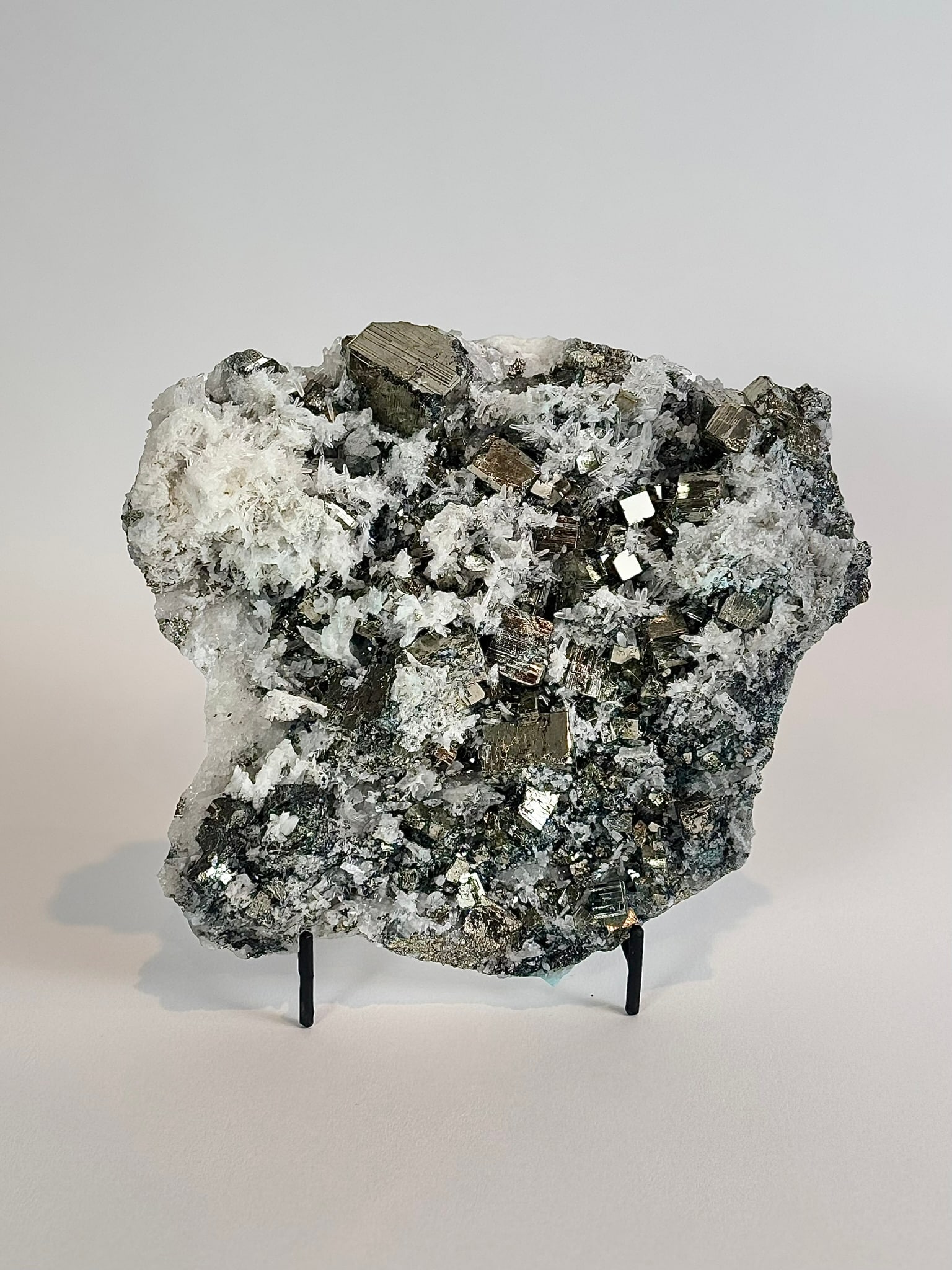 Cubic Pyrite and Quartz Plate: Cubic pyrite and quartz in rarely found plate form from Peru. 6” x 7” x 2”. 3 lbs, 7 ounce.