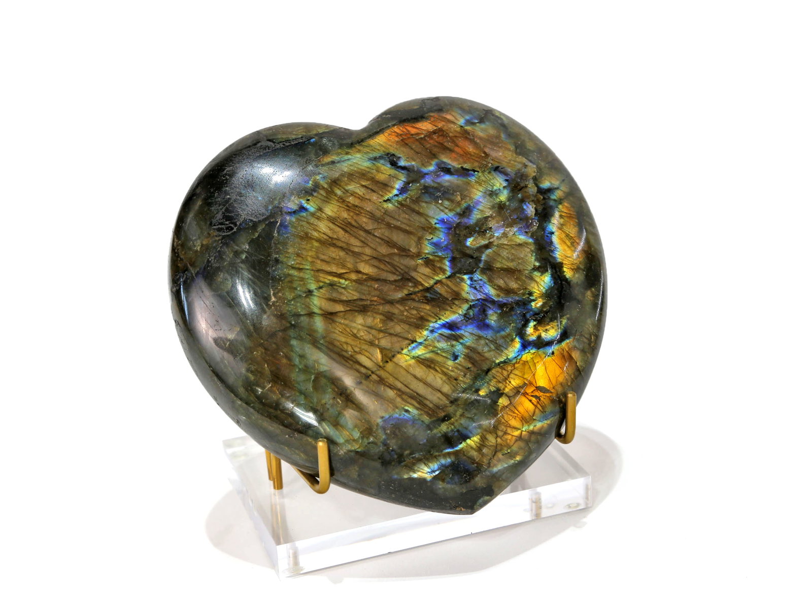 Polished Labradorite Heart: Polished labradorite heart from Madagascar. 5" x 5.5" x 1.75". 2 lbs, 15 oz.