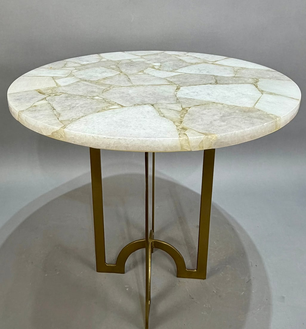 Inlaid Quartz Accent Table: Inlaid quartz side table. Base is iron with a rich brass finish. 16.5" x 18" x 18". 17 lbs, 8 oz.
