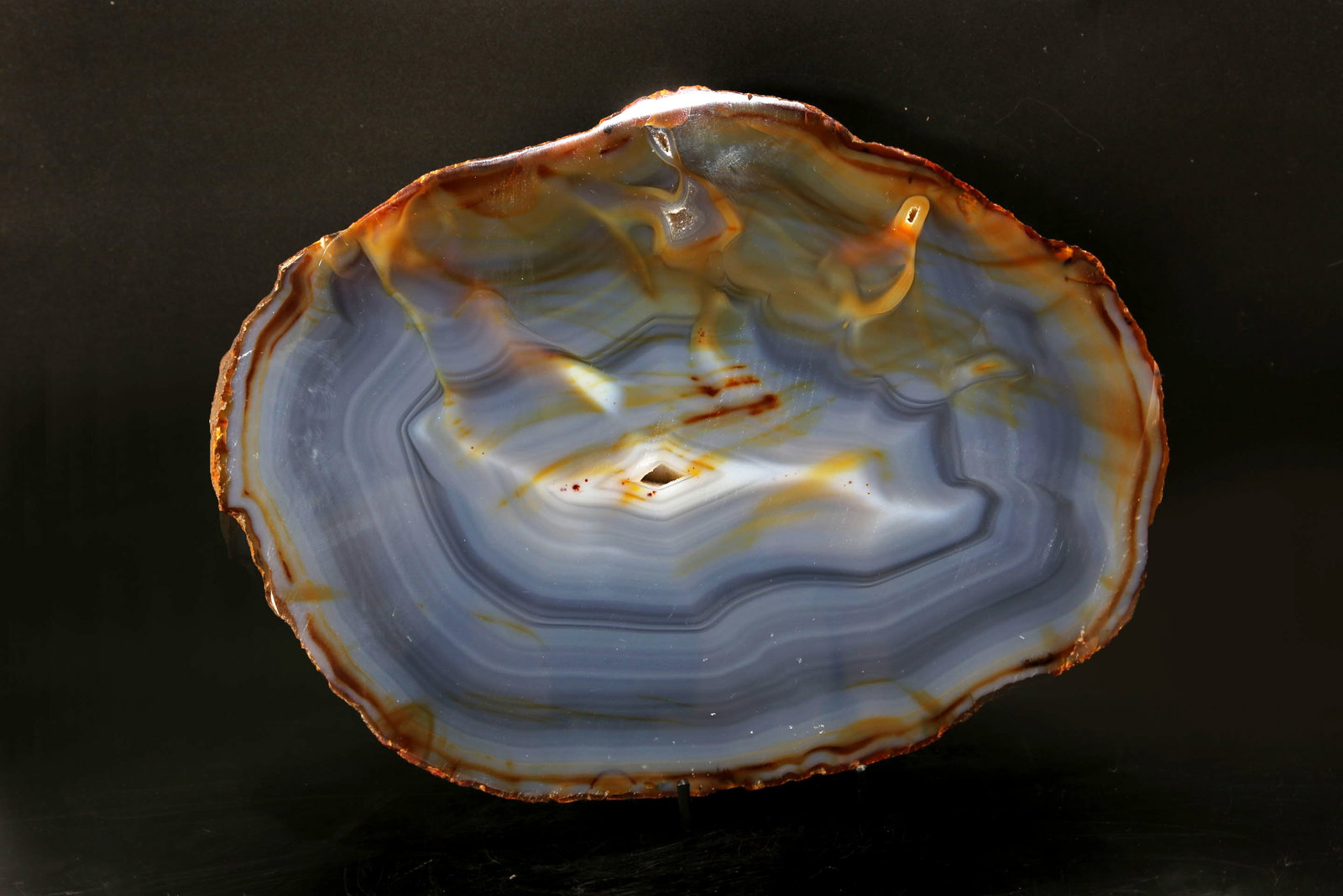 Blue Agate Slice: Polished blue agate slice from Brazil. 8.5” X 11” X 1”. 5 lbs, 14 oz.