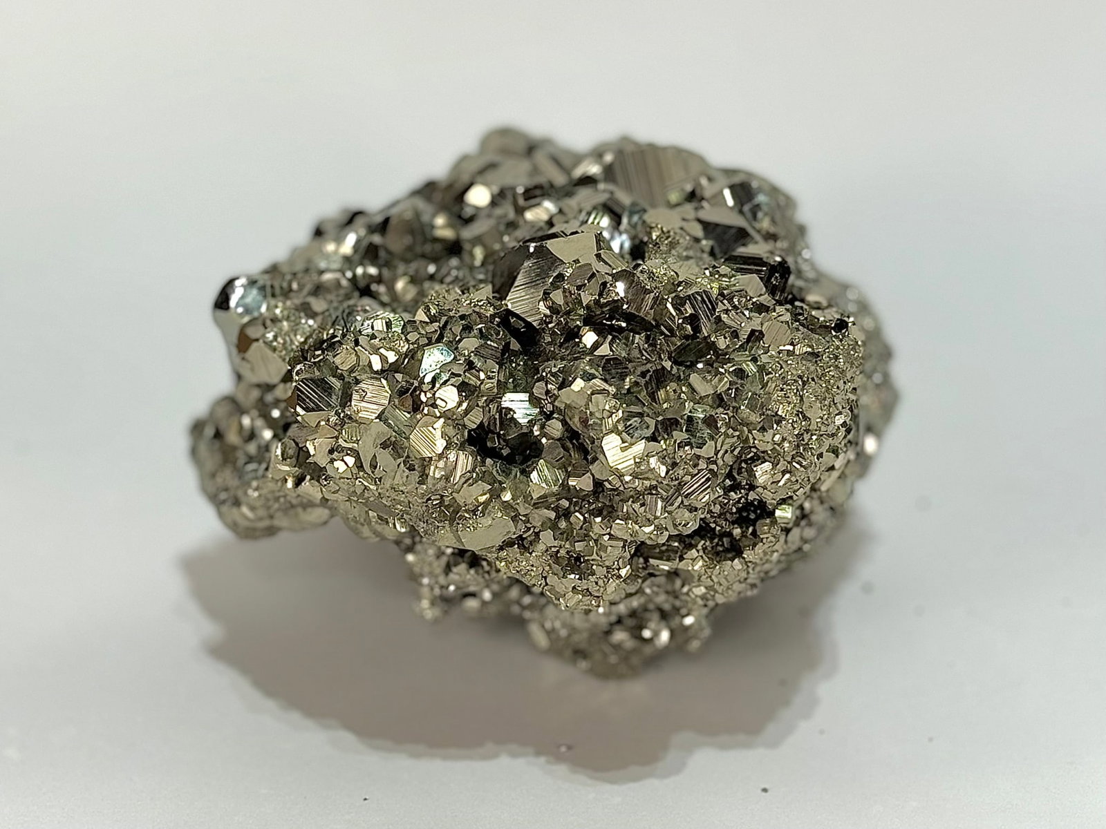 Top-notch Octahedral Pyrite Formation: Stunning and bright top-quality octahedral pyrite formation from the Huanzala Mine in Ancash, Peru. 5.5” x 6” x 3.5”. 6 lbs, 14 oz.