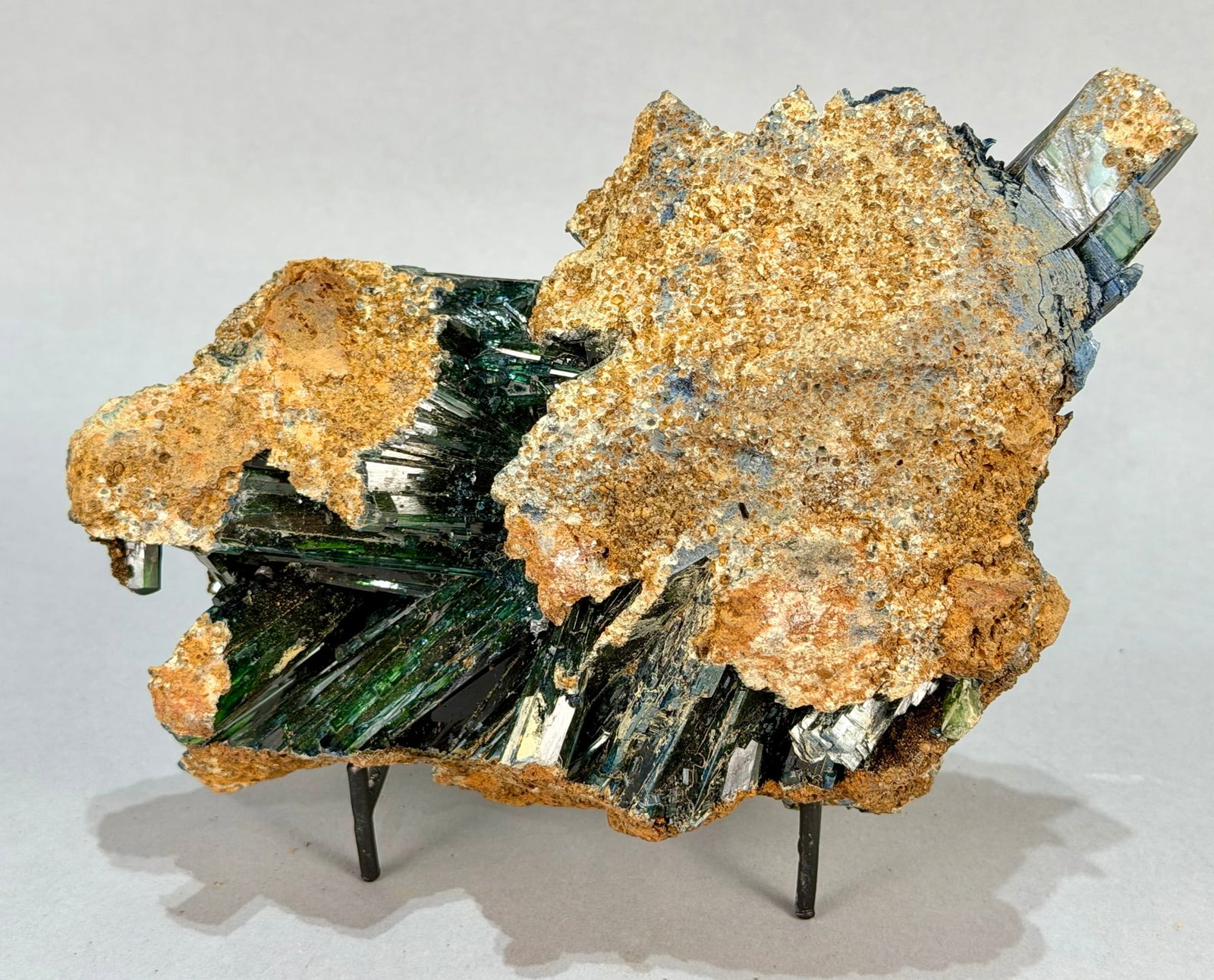 Ultra-Rare Vivianite Crystal Cluster: Ultra-rare, translucent green vivianite crystal cluster formation. Super high quality. 6" x 7.5" x 2.5". 3 pounds, 1 ounces.