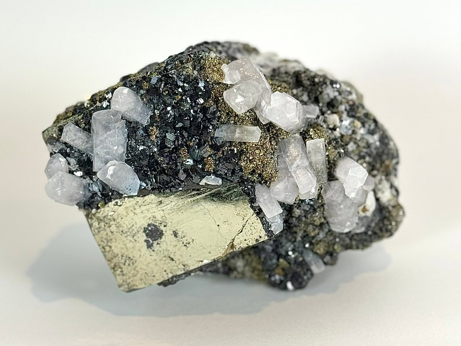 Gemmy Cubic Pyrite, Apatite, Chalcopyrite, and Calcite Specimen (1 of 6)