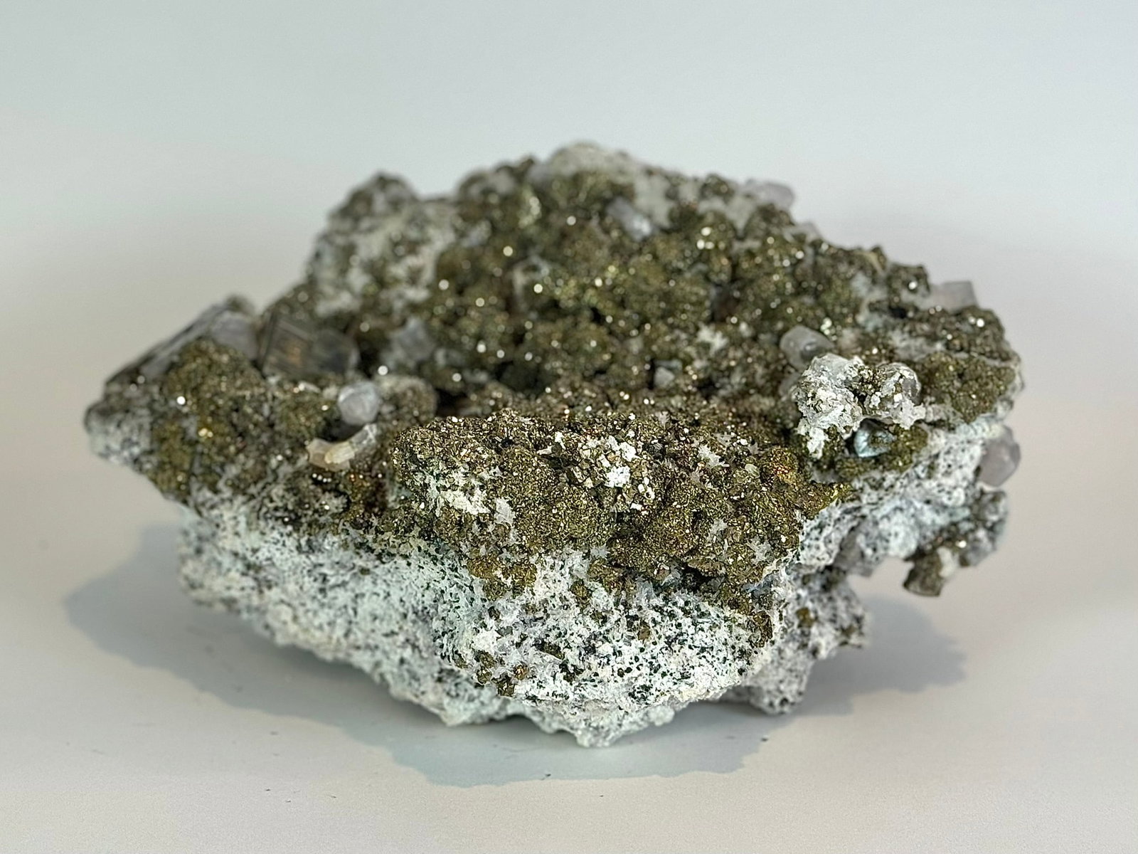 Cubic Pyrite, Chalcopyrite and Fluorescent Calcite Specimen - 8