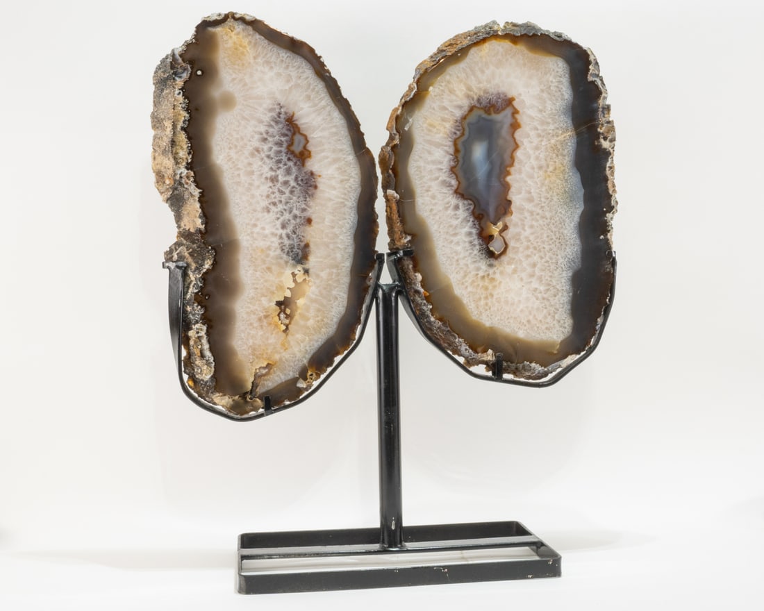 Agate Butterfly Wings on Metal Stand: Large and colorful agate geode wings on black metal stand. 30" x 29" x 10." 47 lbs, 7 oz.