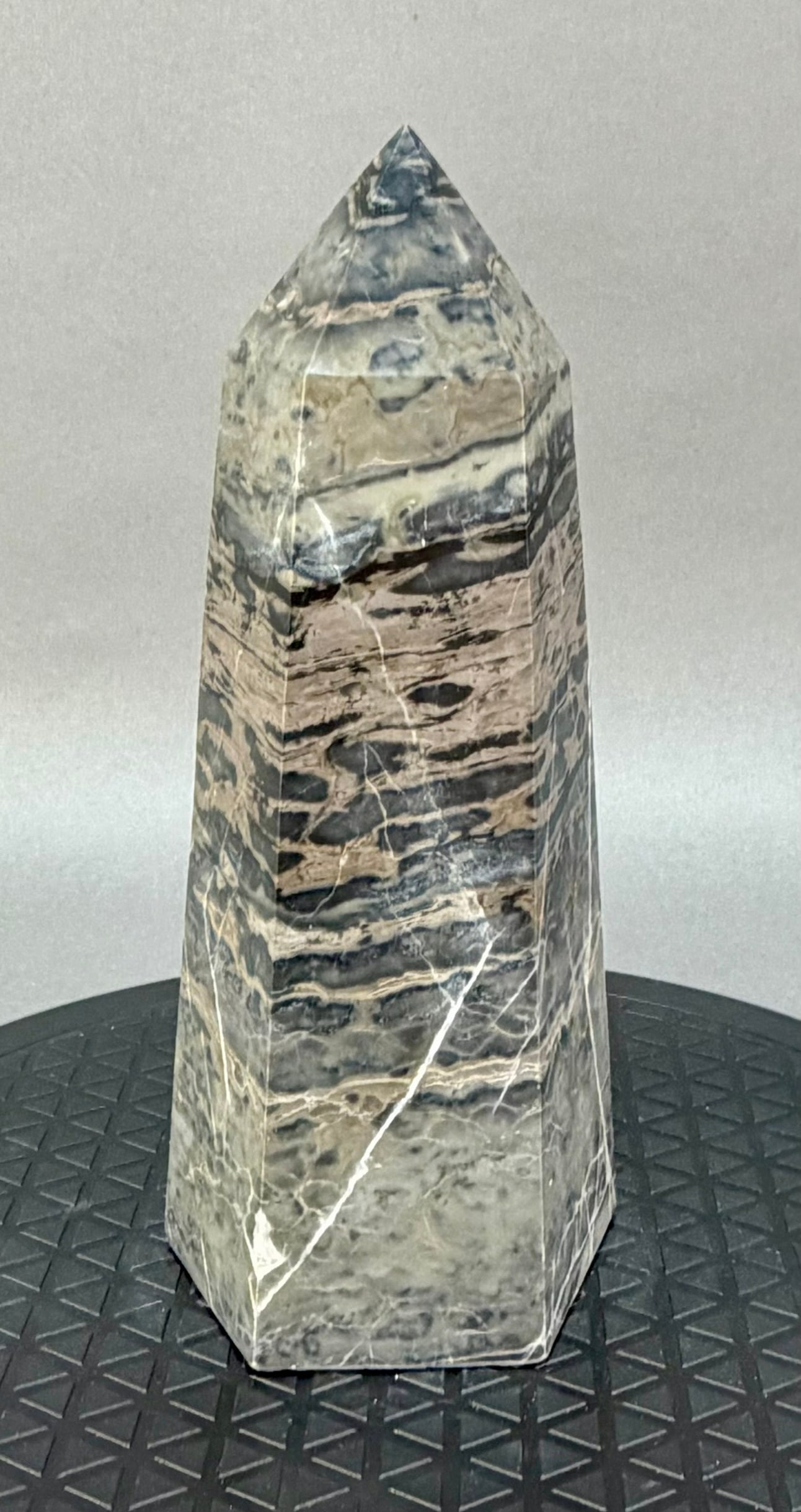 Zebra Jasper Obelisk: Zebra jasper obelisk from India. 9" x 4" x 3.5". 5 pounds, 8 ounces.