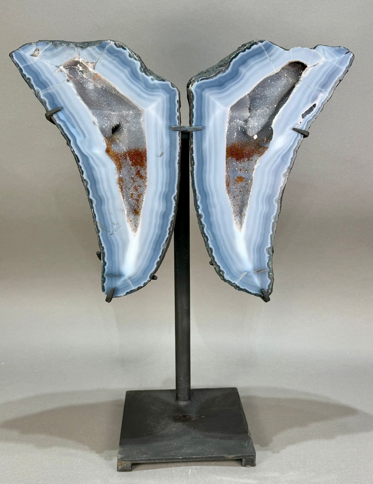 Agate and Druzy Geode Wings on Stand: Agate and druzy geode wing set on custom metal stand. 23” x 17.5” x 8”. 34 pounds.