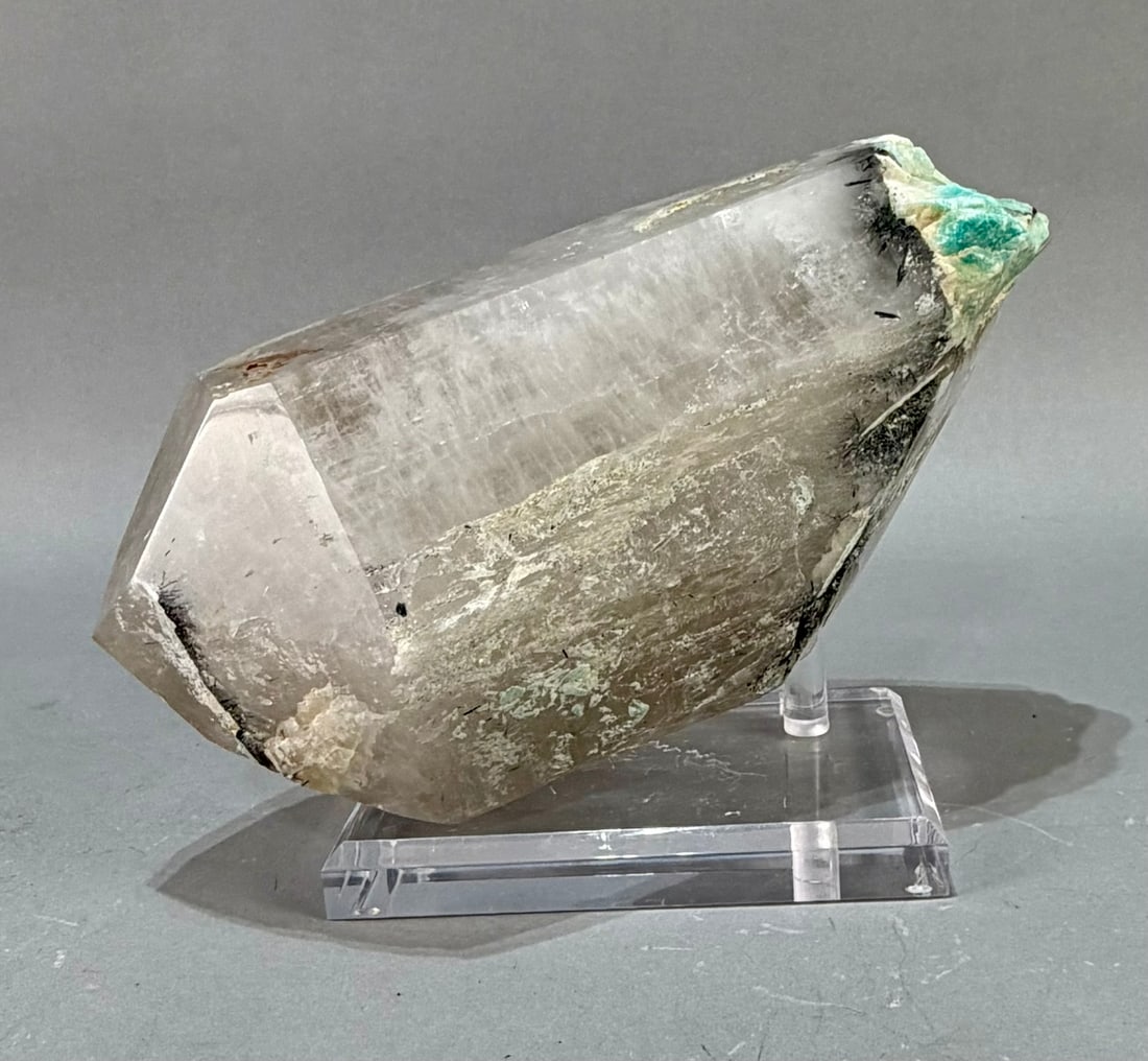Large Quartz Crystal With Aquamarine on Custom Stand: Large quartz crystal with aquamarine bud and tourmaline needle inclusions on custom lucite stand. 5" x 10.5" x 4". 10 lb, 12 ounces.