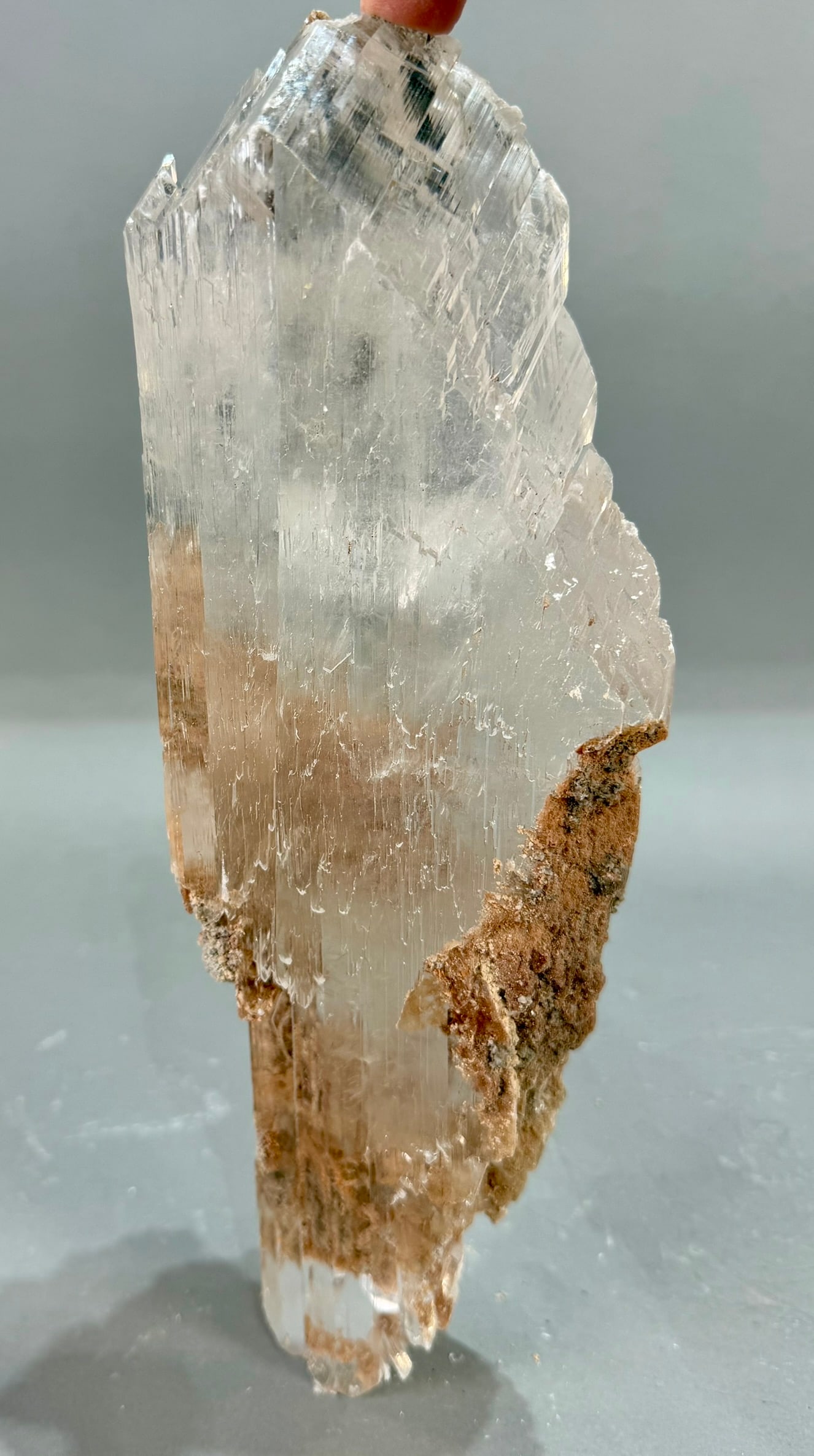 Water-Clear Bermejillo Selenite: Water-clear Bermejillo selenite from Durango, Mexico. 4" x 12.25" x 2.25". 4 lb, 6 ounces.