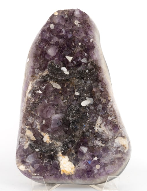 Rare Amethyst Cluster with Double Terminated Quartz Crystals: Rare and extraordinary amethyst cluster with double terminated quartz crystals, black amethyst "shelf" protrusions and secondary calcite crystals, from Rio Grande do Sul, Brazil. 12" x 7.5" x 6". 19 l