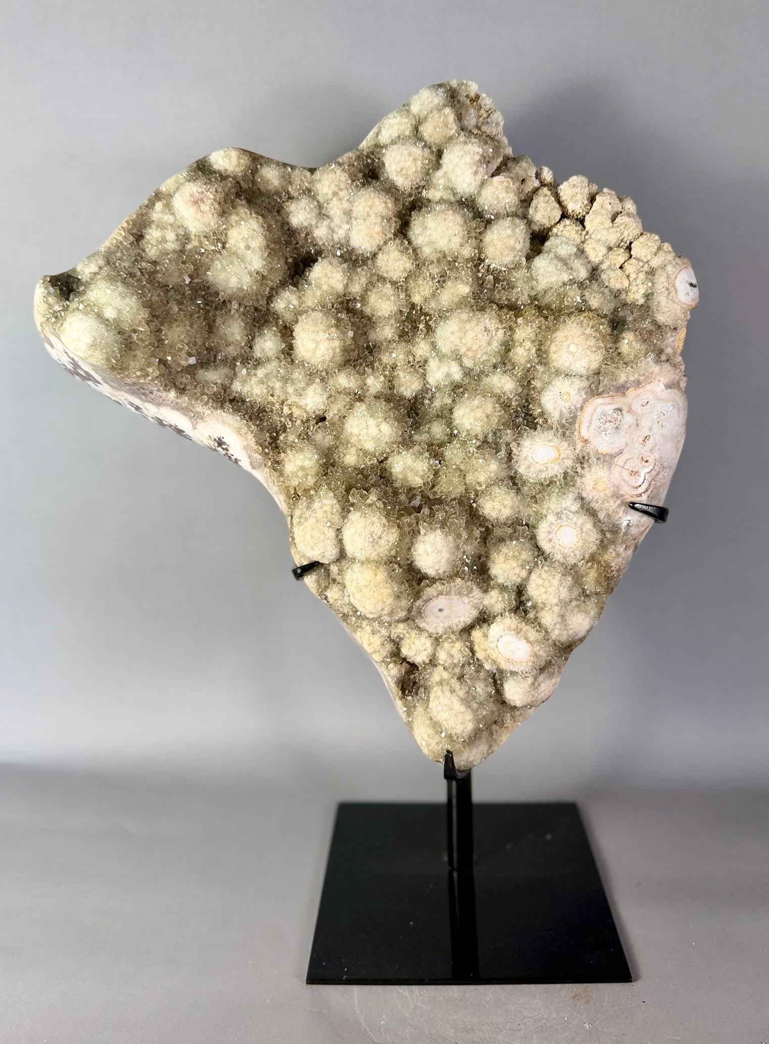 Green Amethyst Stalactite Formation on Stand: Spectacular green amethyst stalactite formation on custom steel stand. 24.5” x 18.5” x 9”. 49 lbs, 7 oz.