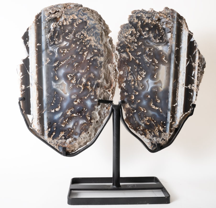 Agate Butterfly Wings on Metal Stand: Stunning, colorful agate wings on black metal stand. Deep brown and blue colors. 21" x 20.5" x 6." 25 lbs, 4 oz.