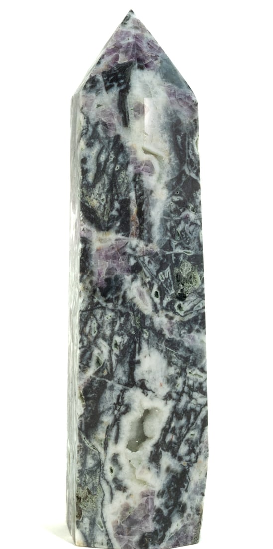 Fluorite and Druzy Obelisk Tower With Caverns: Purple, orange, gray and white fluorite and druzy obelisk with crystallized caverns. 12.5” x 4” x 3.75". 8 lbs, 6 oz.
