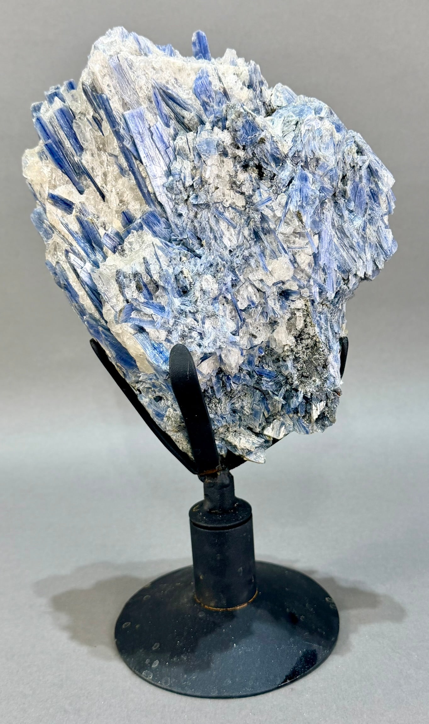 Kyanite and Quartz Cluster on Spinning Stand: Kyanite and quartz cluster on custom metal spinning stand from Brazil. 12" x 6" x 5". 8 lb, 3 ounces.