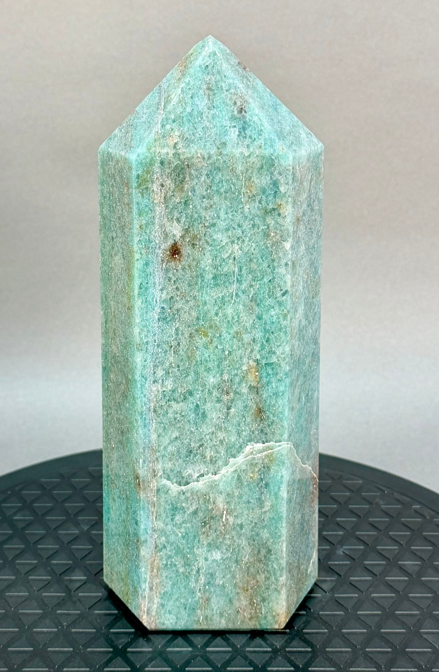 Green Aventurine Obelisk: Green aventurine obelisk from Brazil. 9.5” x 3.75” x 3”. 6 lbs, 10 oz.