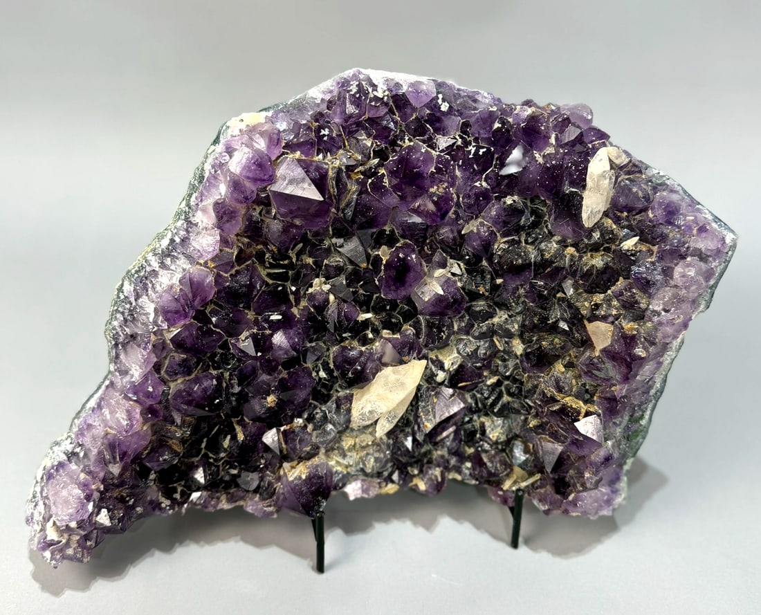 Amethyst and Calcite Crystal Cluster: Amethyst and calcite crystal cluster from Brazil. 9.5" x 13.5 x 3”. 16 lbs, 9 oz.