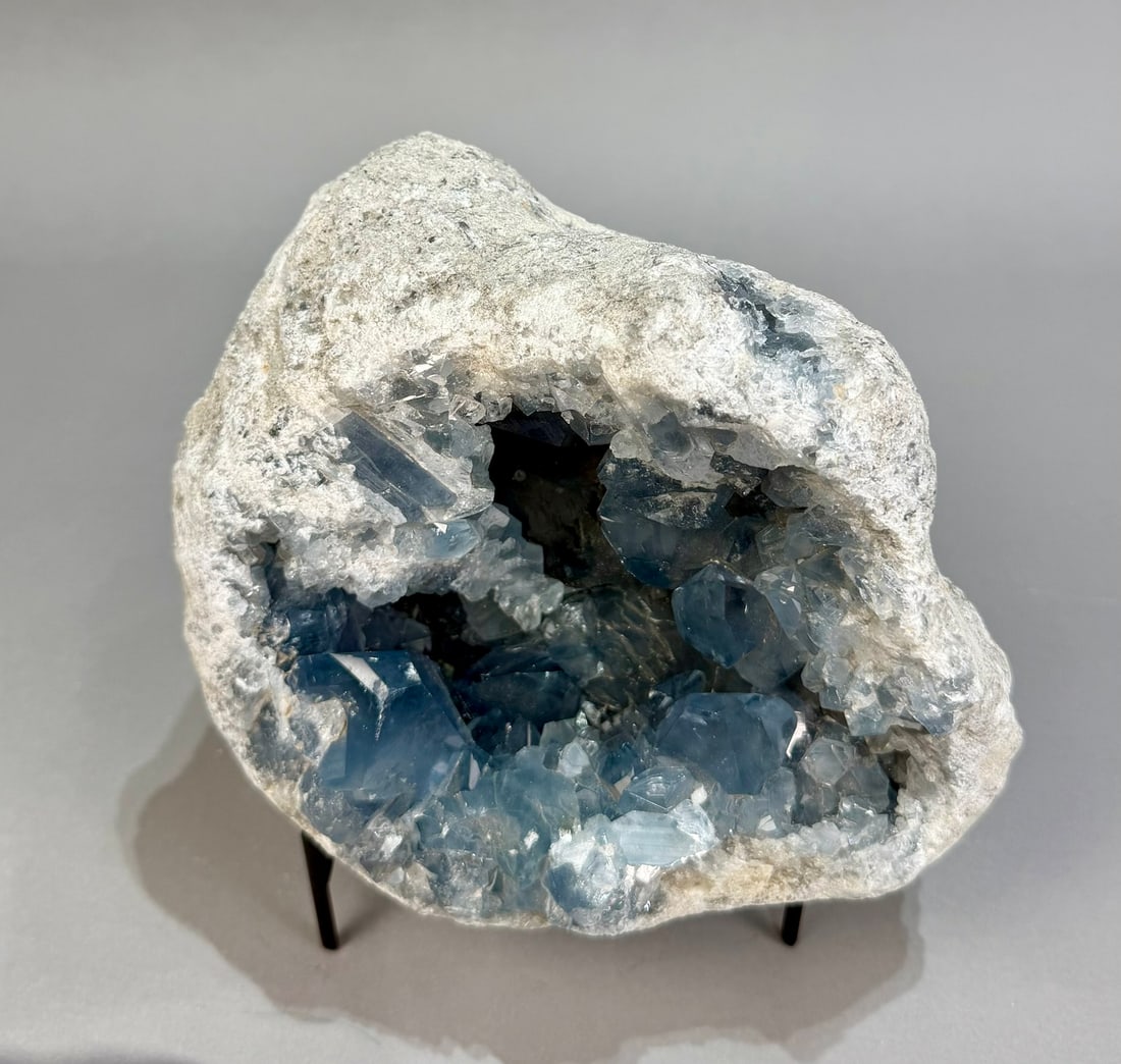 Exceptional Celestite Geode: Exceptional dark blue celestite geode with large crystals from Madagascar. 8” x 8” x 5”. 14 lbs, 13 oz.