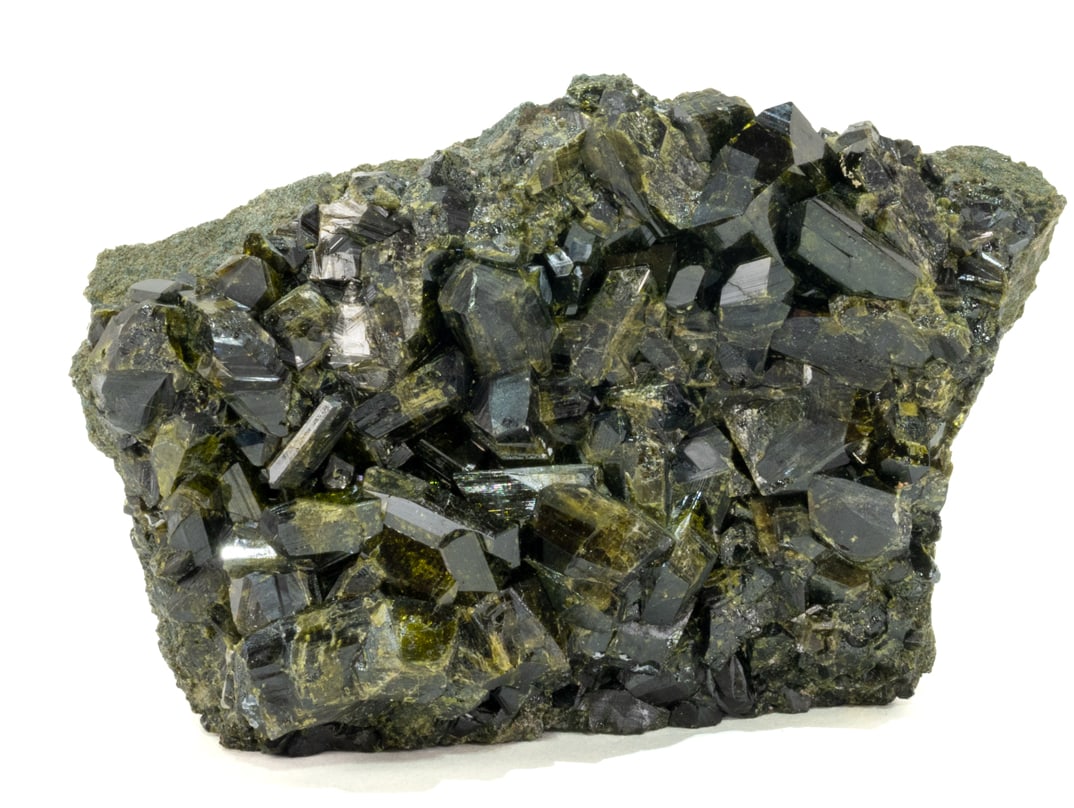 Epidote Formation: Beautiful and rare epidote formation with large crystals from Peru. 4.75” x 7.25” x 4”. 7 lbs.