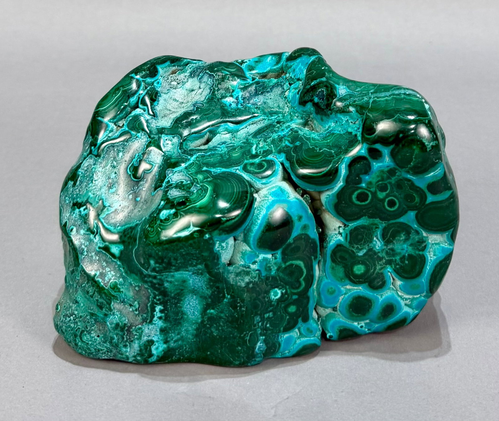 Polished Malachite and Chrysocolla Specimen: Beautiful polished malachite and chrysocolla specimen from the DR Congo. 4.25” x 6.5” x 4”. 6 lbs, 2 oz.