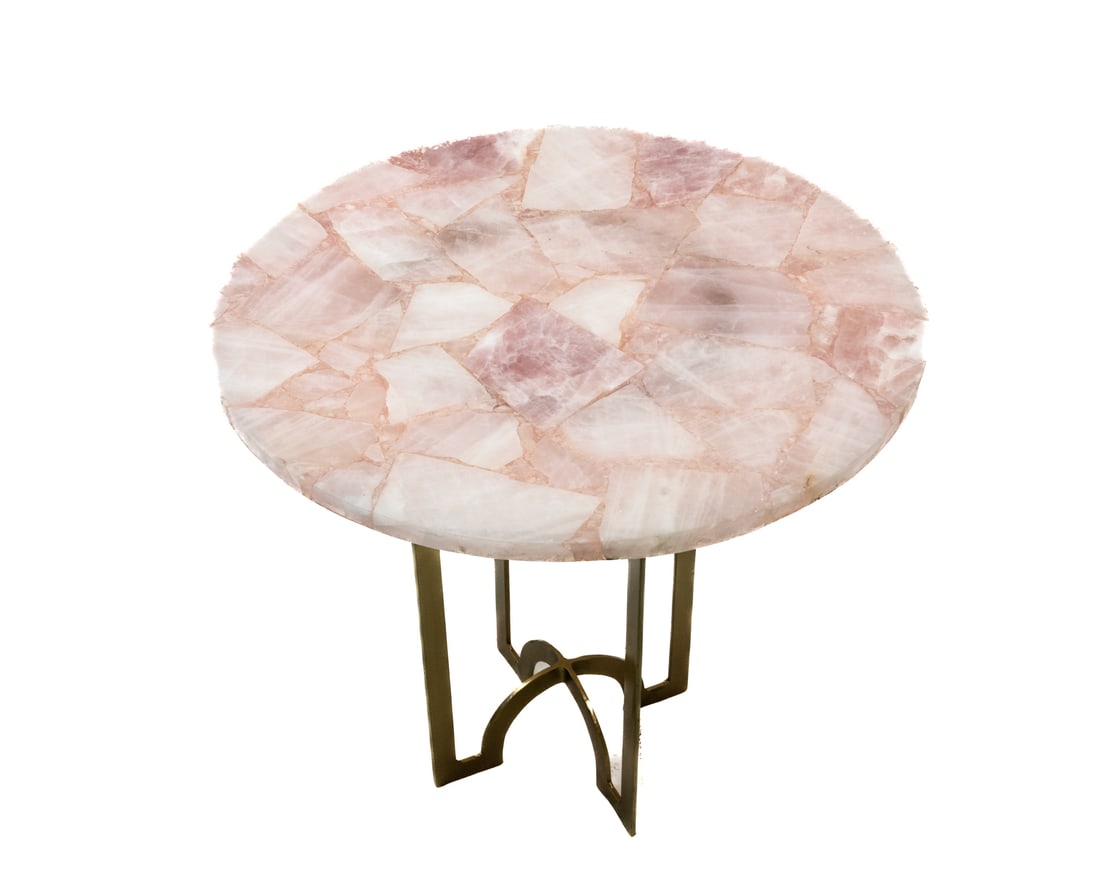 Inlaid Rose Quartz Accent Table: Inlaid rose quartz side table. Base is iron with a rich brass finish. 16.5" x 18" x 18". 18 lbs, 1 ounce.