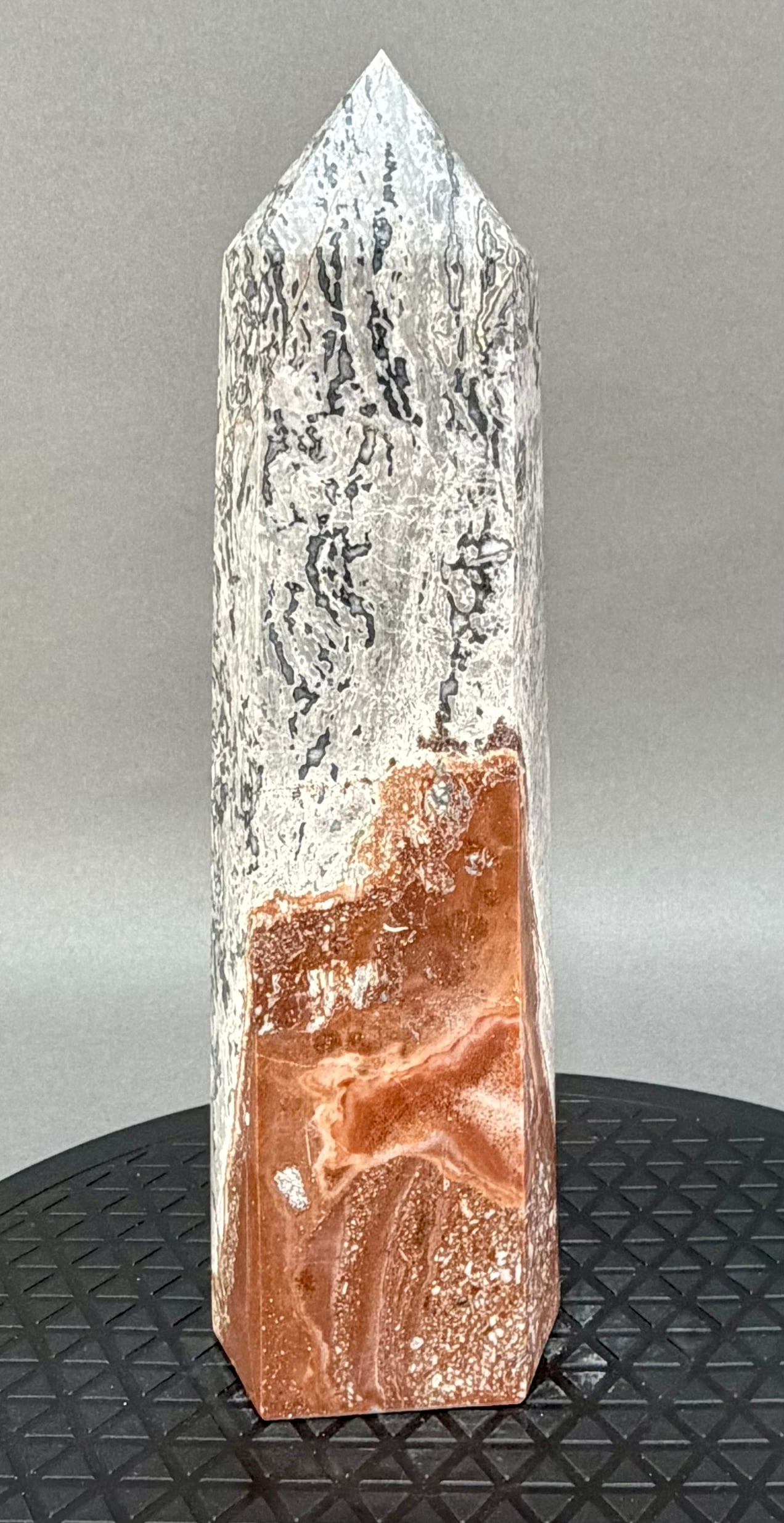 Grey Crazy Lace Chalcedony Obelisk: Large grey crazy lace chalcedony obelisk from Mexico. 11" x 3.25" x 2.75". 5 lb, 15 ounces.