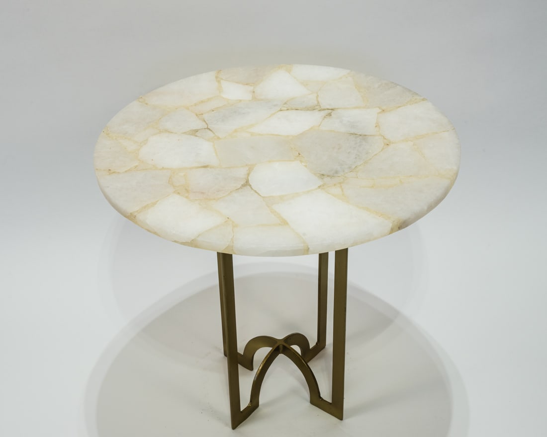 Inlaid Quartz Side Table: Inlaid quartz side table. Base is iron with a rich brass finish. 17" x 18" x 18". 16 lbs, 6 oz.