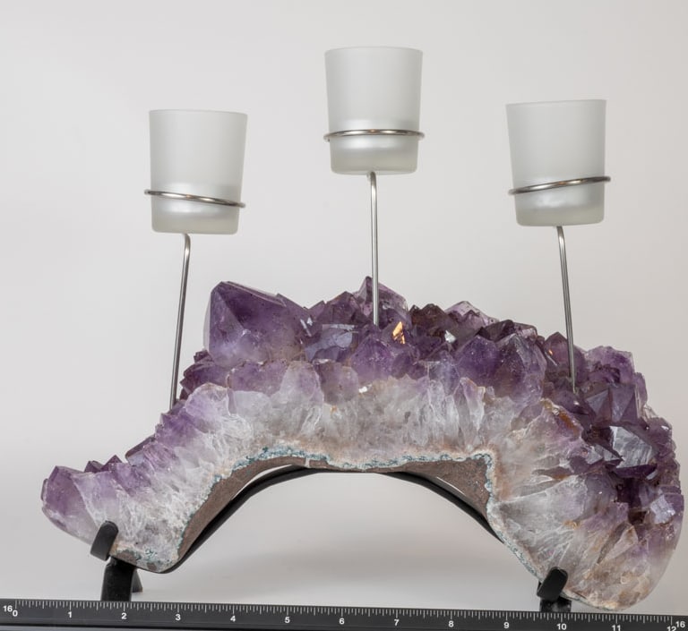 Amethyst Crystal Cluster Candelabra: Amethyst crystal cluster candelabra from Brazil. 13" x 13" x 3". 10 lbs.