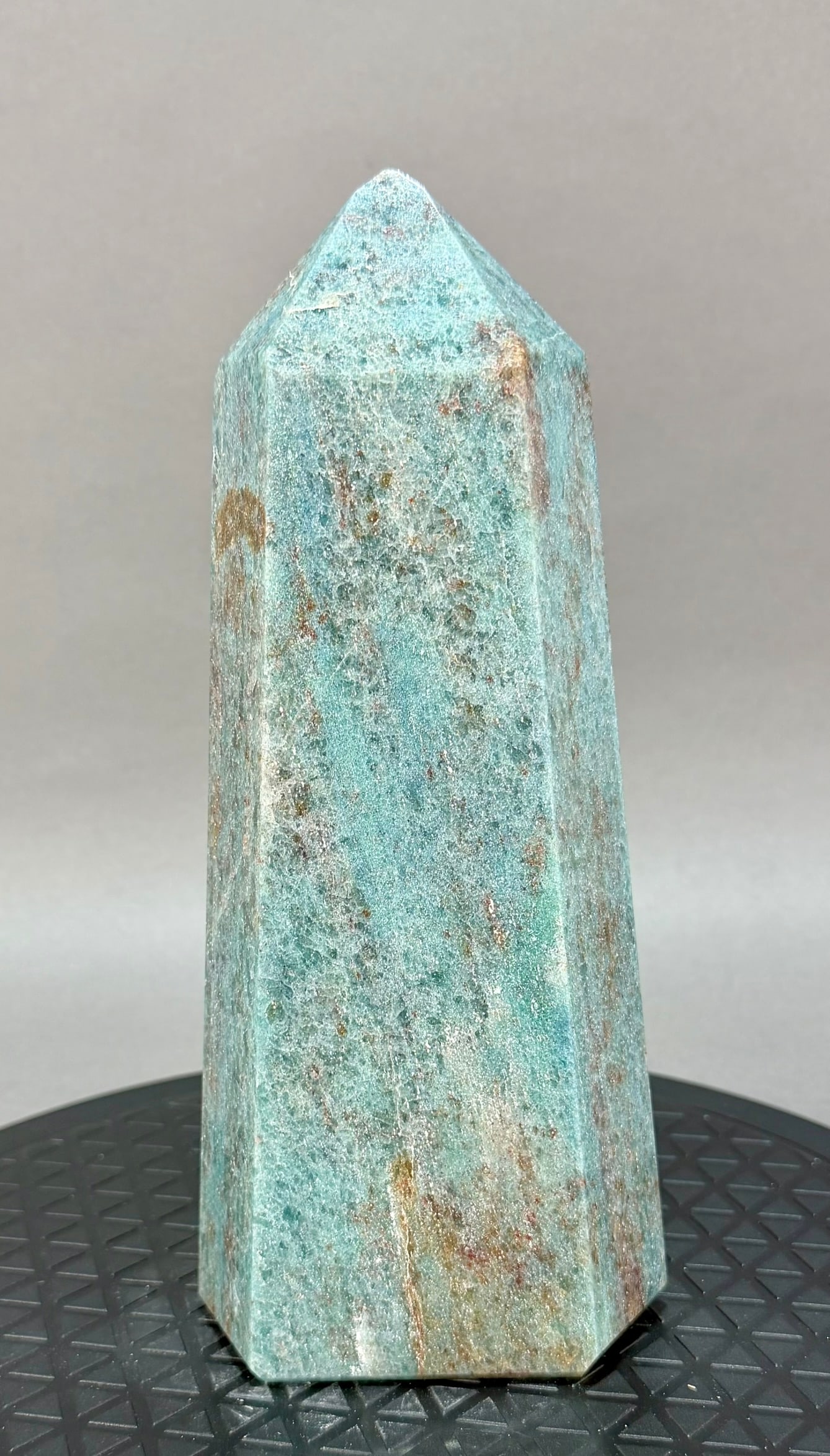 Green Aventurine Obelisk: Green aventurine obelisk from Brazil. 9.5” x 4” x 2.5”. 5 lbs, 10 oz.