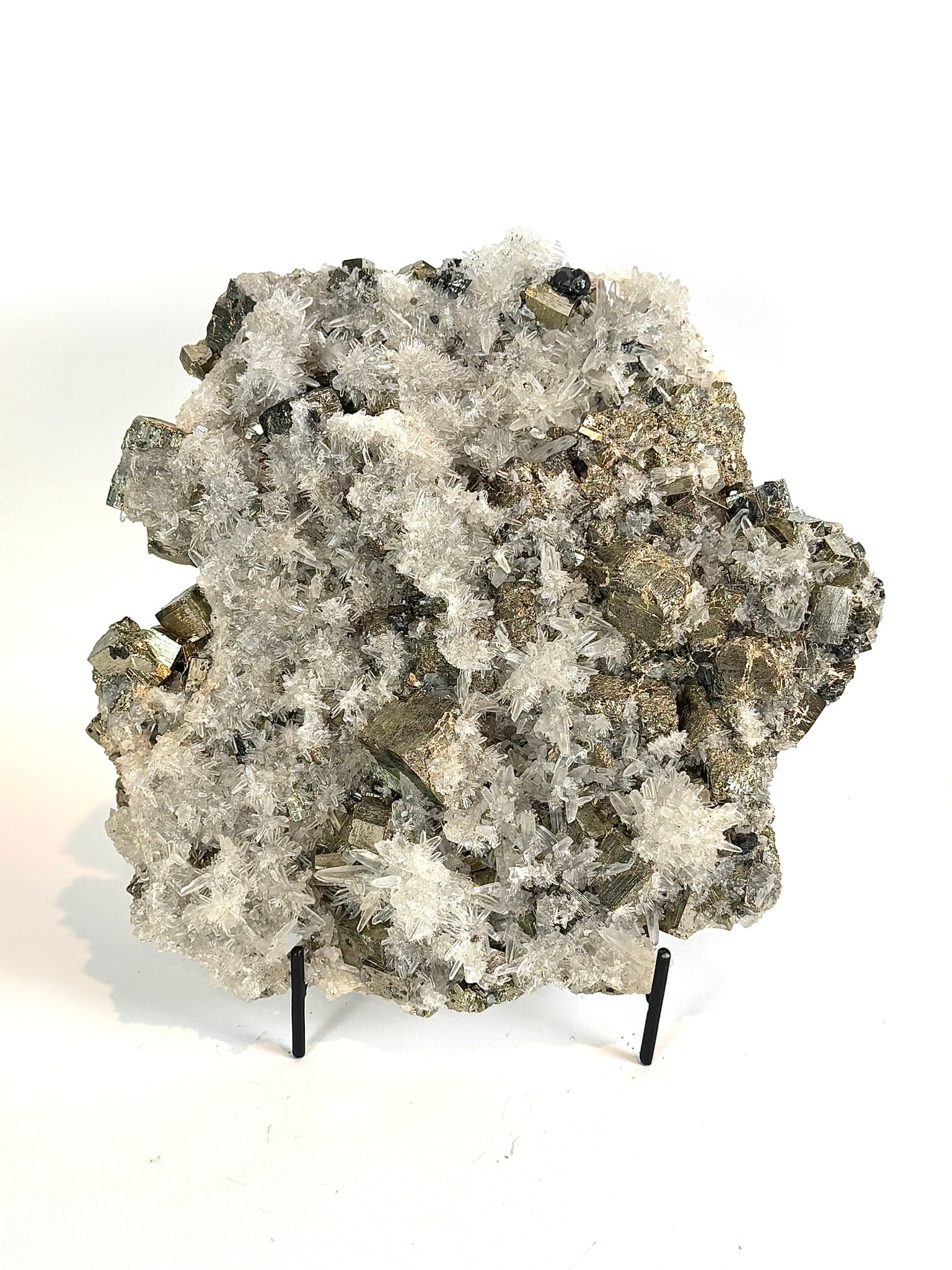 Cubic Pyrite and Quartz Plate: Cubic pyrite and quartz plate form from Peru. 10.5” x 10.5” x 2.25”. 9 lbs, 1 ounce.