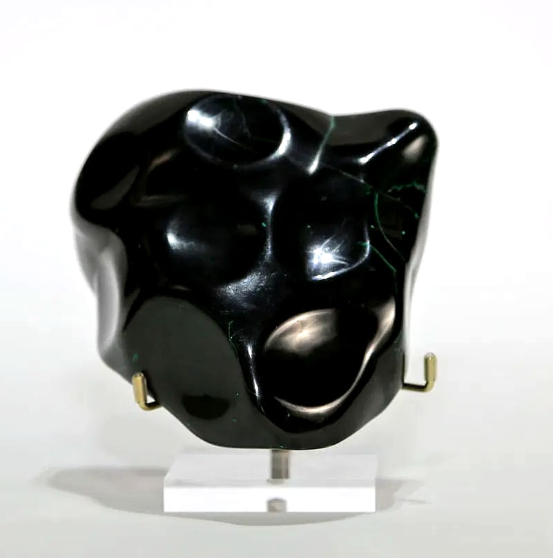 Rare Dark Polished Bullseye Malachite Specimen: Rare dark polished bullseye malachite specimen from the DR Congo. 4.5” x 4.5” x 2”. 2 lbs, 14 oz.