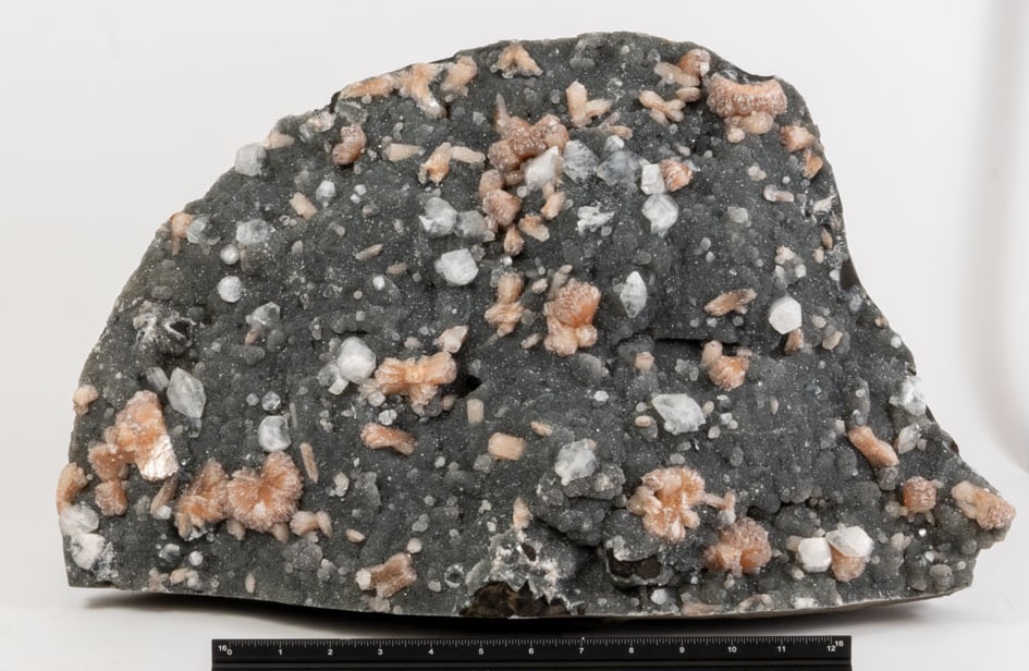 Huge Bluish Grey Chalcedony Plate with Stilbite and Quartz Crystals: Huge bluish-grey chalcedony plate with stilbite and quartz crystals. 16" x 21" x 5". 61 lbs, 10 oz.