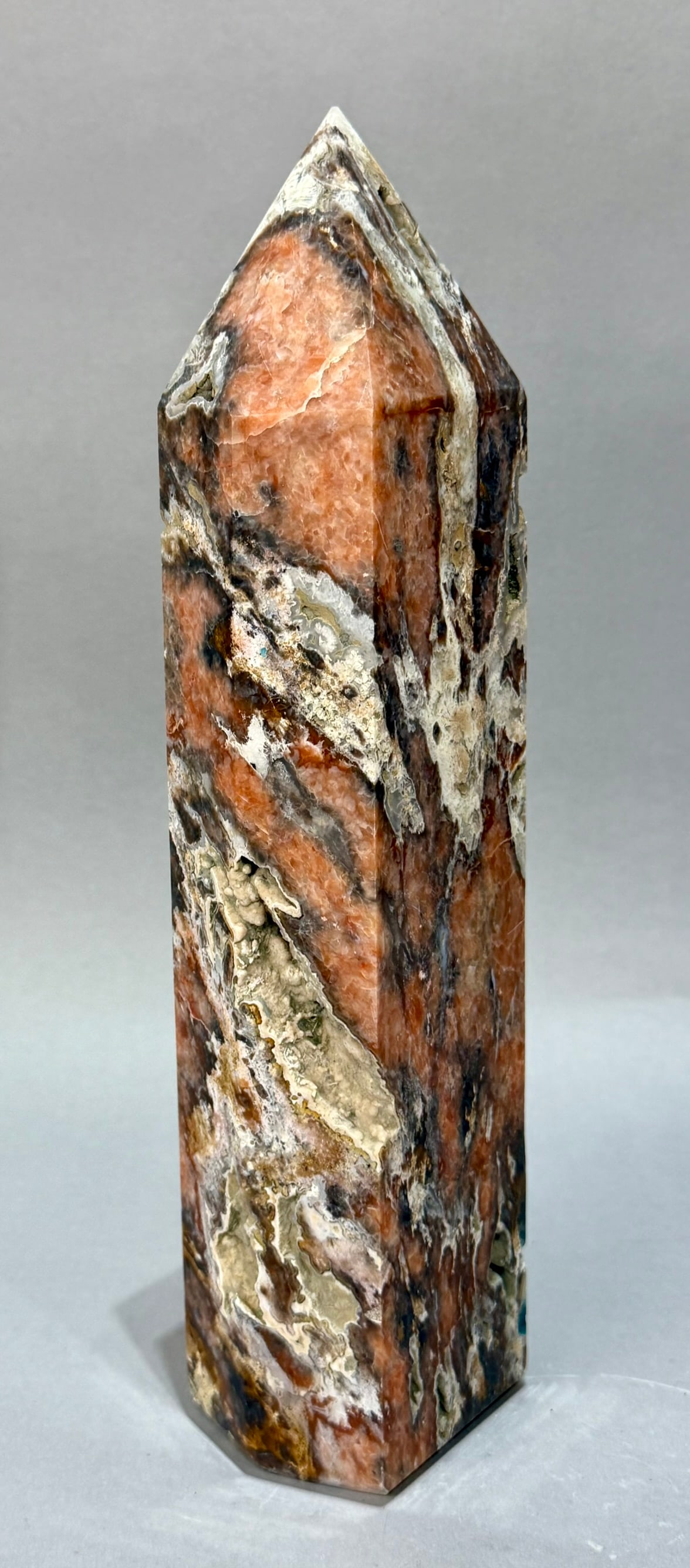 Large Orange Calcite and Blue Apatite Obelisk: Large orange calcite and blue apatite obelisk from Brazil. 13” X 3.25” x 2.5”. 7 lbs, 11 oz.